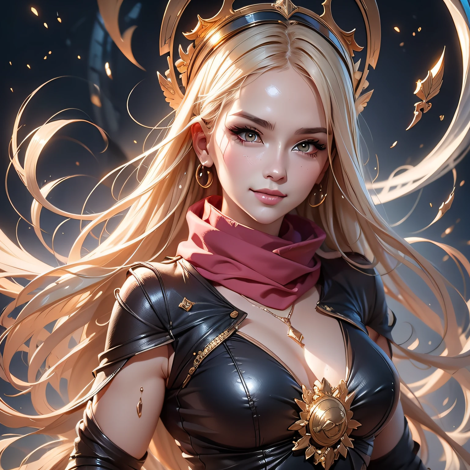 anime girl, long light gold hair, splendid white designer fashion show concept dress, red cosplay headwear, black scarf, body portrait, red eyes, pink ribbons, slight smile, black constellation motif, windy, concept art, mini tornado stickers, black fishnet wear, highly detailed, digital painting, artstation, concept art, sharp focus, illustration, art by WLOP and greg rutkowski and alphonse mucha and artgerm and yanjun chen