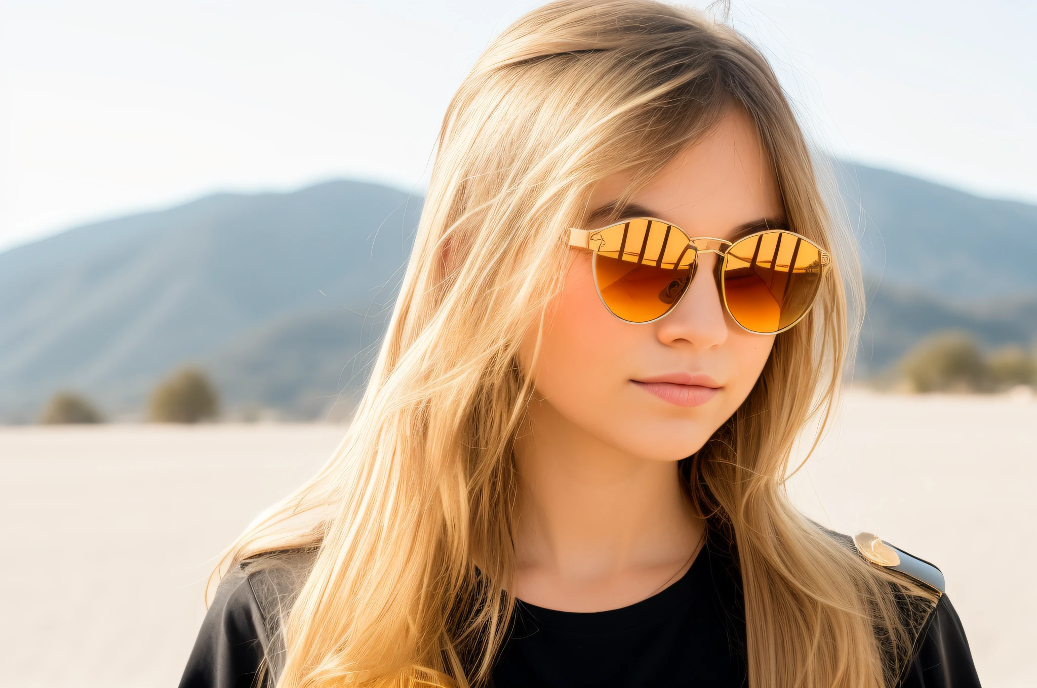 blond girl with sunglasses and a black shirt looking at the camera, with sunglasses, wearing mirrored sunglasses, with sun glasses, futuristic sunglasses, futurisitc sunglasses, with mirrorshades sunglasses, Tons de espelho, futuristic glasses lenses, wearing gold glasses, sunglasses on, circular sunglasses, sun glasses, in sunglasses, with navigator shaped glasses, girl with glasses