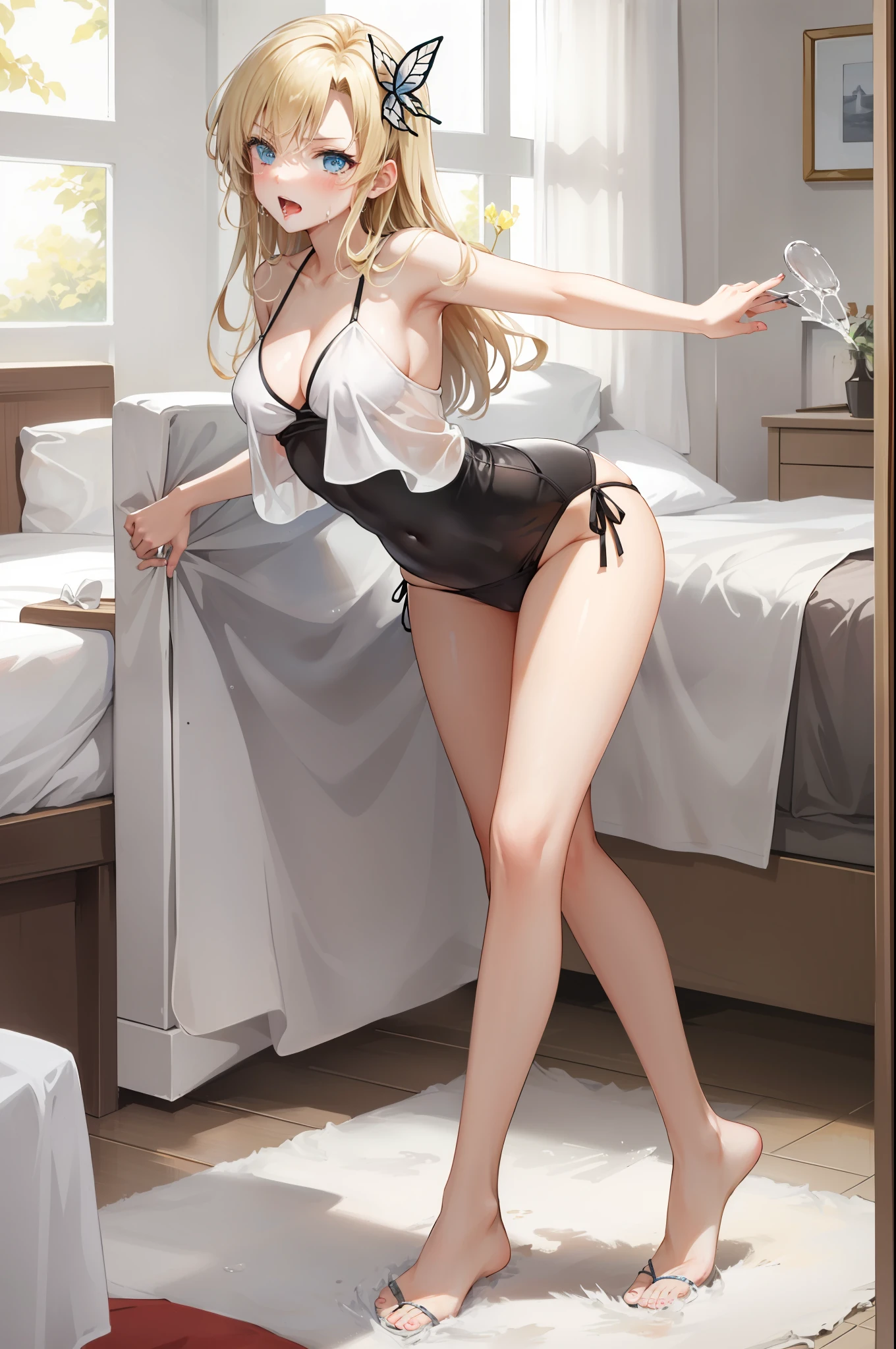 (masterpiece), (best quality), absurdists, perfect anatomy, 1girl, solo, Sena Kashiwazaki, long hair, butterfly hair ornament, is wearing sassy women's underwear, leaning forward, arms behind her back, standing, smile, (she is in a hotel bed), (she has a seductive and sassy and lascivious pose), (Sena Kashiwazaki has male and female precervatives in her hands),  (((She has a viscous white liquid dripping from her legs lips and female intimate region)))), (PureErosFace_V1:0.7), (8k, best quality), {{cum on face}}, cum_in_mouth, cum_on_hair, cum on chest, full body, lascivious, sexually aroused, transparent swimsuit, leucorrhea panties on right hand, ager, bangs, bed, (split legs: 1,3), drooling, soft, exposed skin,  looking at the camera, full body, front view, adult, dripping, hot, tight, bare skin, exposed, close, detailed, pleasure, surprised expression, wet, rubbing, soap, bubbles, no text