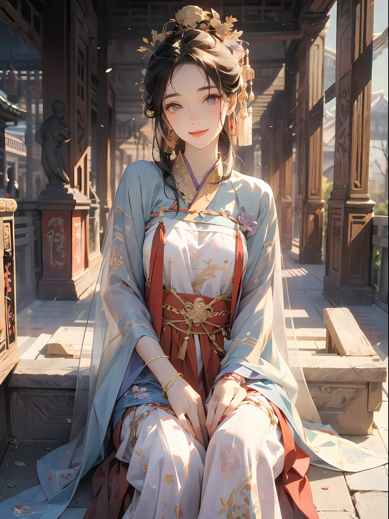 best quailty,tmasterpiece,超高分辨率,1girlhugebreasts,((Black coiled hair)),Golden eyes,Frontal photo,Close-up of,Hanfu,((Lilac plain)),Covered with a layer of white light tulle,He wears a gold coat on his head,Wear long earrings on your ears,There is a bracelet on the wrist,Sit in a chair,She has a beautiful face,The brow curve is slender,The eyes are bright and gentle。Smiling,Scenes:Inside an ancient Chinese room,