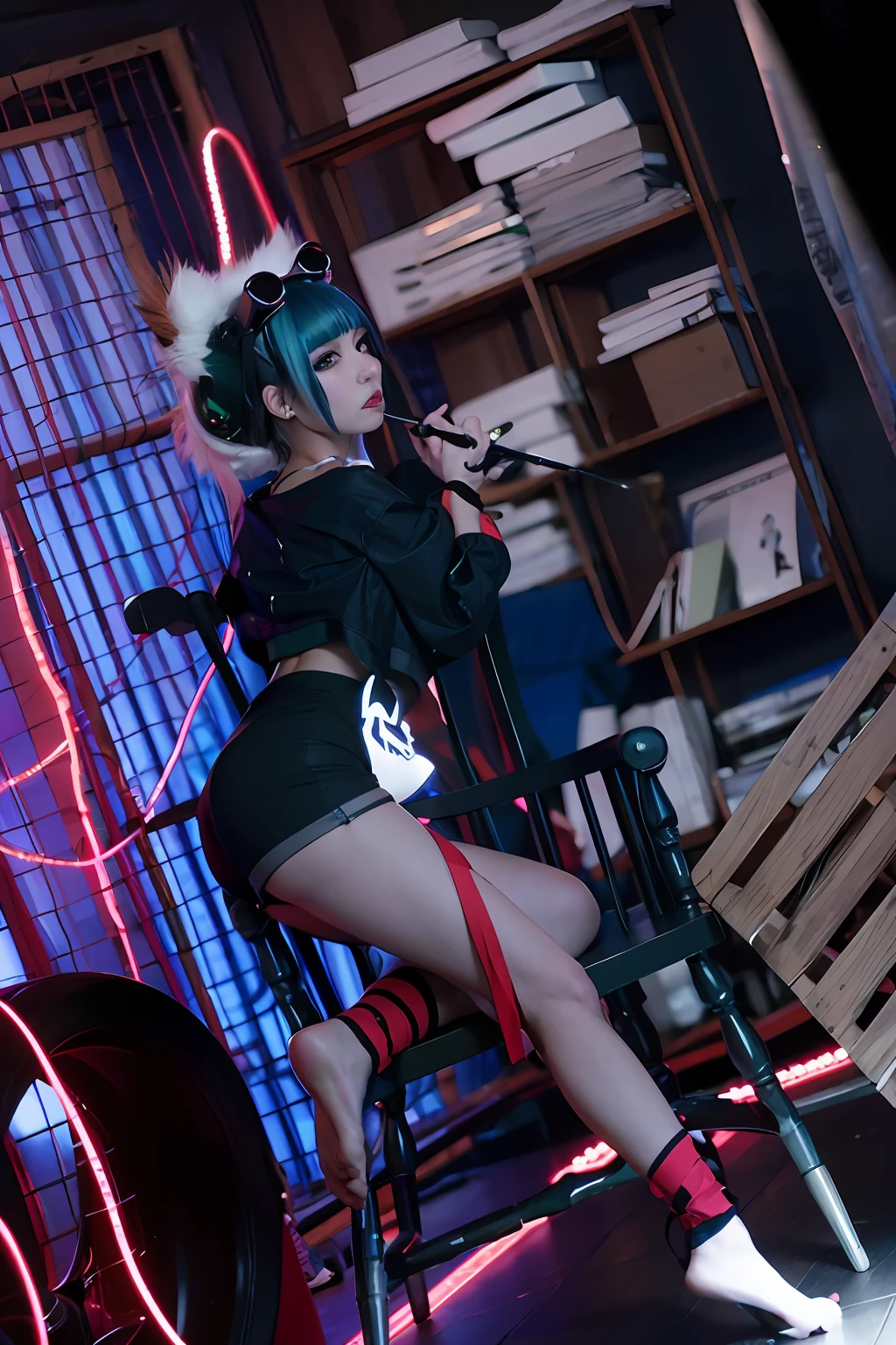 A woman dressed in black sits on a chair，With a knife in his hand, cyber punk setting, Anime girl cosplay, Anime cosplay, cyberpunk anime girl, cyber punk style, female cyberpunk anime girl, cyberpunk photo, cyberpunk femme fatale, anime cyberpunk, cosplay, Cyberpunk 2 0 y. o model girl, Cyberpunk girl, cyberpunk angry gorgeous goddess, Cyberpunk costumes