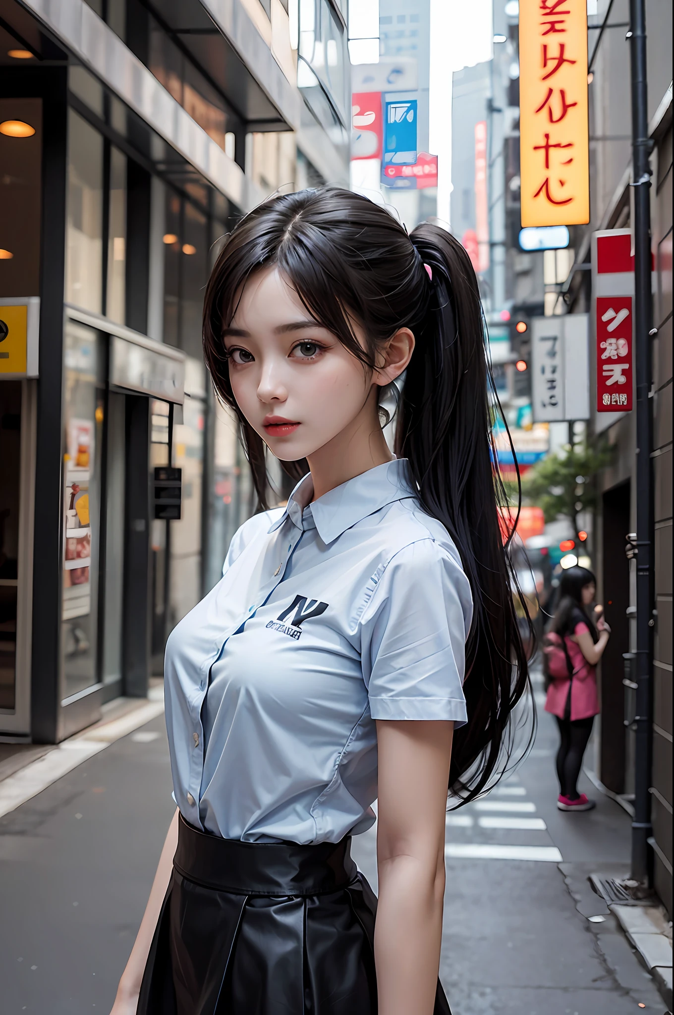 Stone arch bridge,Gangnam Town,Girl posing for photo in loose sky blue cartoon shirt and short black skirt,Slim girl model,ff Tifa,24 years old female model,twin ponytails,side bang,