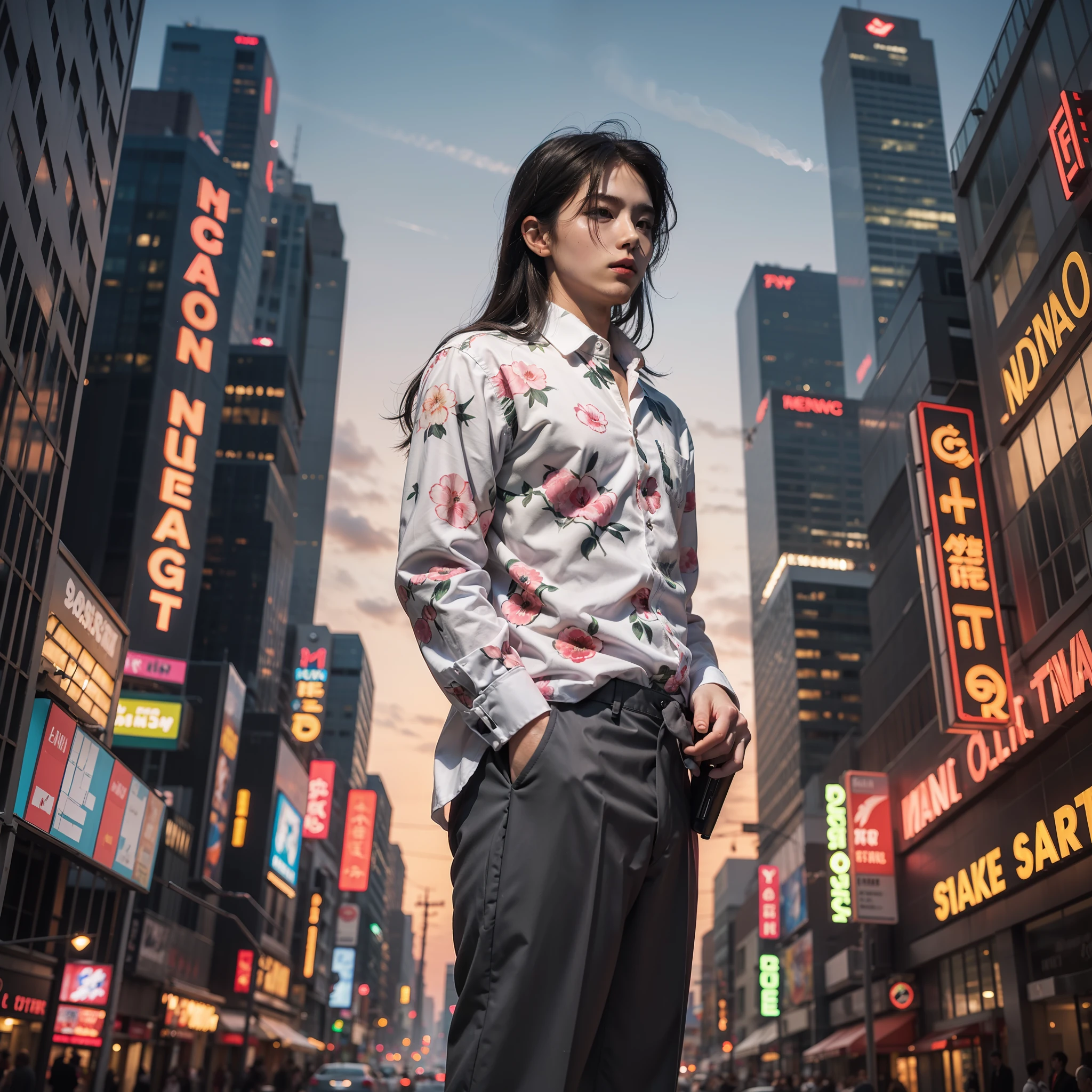 Gentle male Side face Long hair Back floral shirt Suit pants Smoking cigarette Holding a pistol Background neon city center Viewing angle looking down