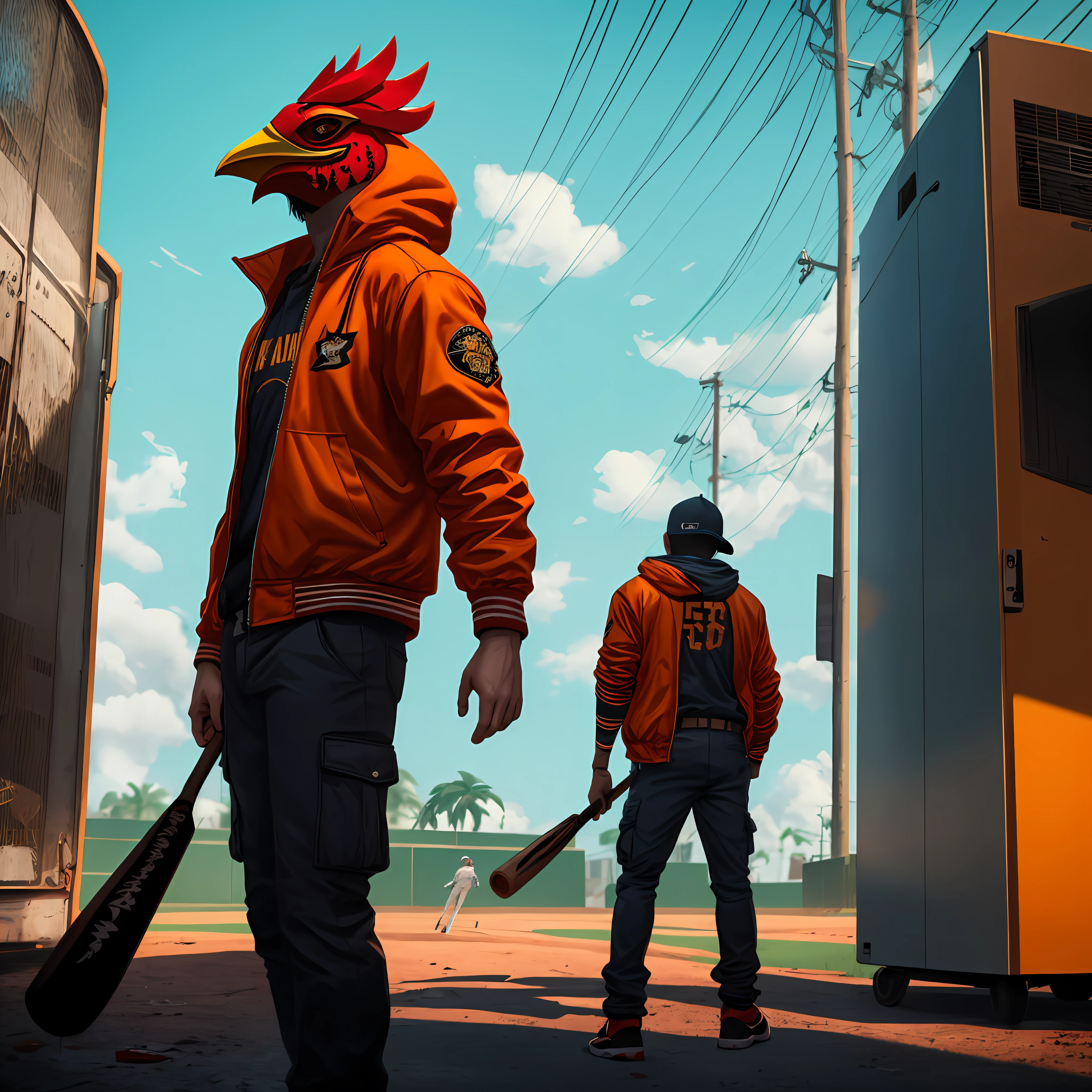 Homem de meia idade，Rooster head mask，Armed with a baseball bat，hotline miami，Orange jacket，Stained with blood，refrigeratory，Countless killings，brown cargo pants，realisticlying，Ray traching，byself，standingn，Facing the lens，best quailty，light and shadow effect --auto