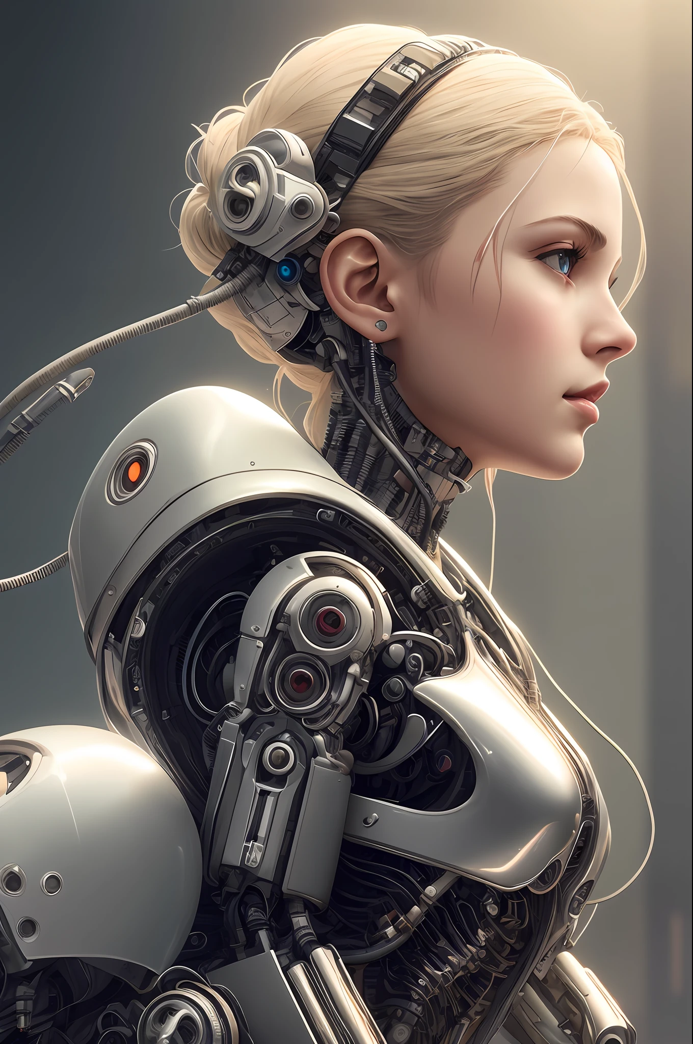 complex 3d render ultra detailed of a beautiful porcelain profile woman android face, cyborg, robotic parts, 150 mm, beautiful studio soft light, rim light, vibrant details, luxurious cyberpunk, lace, hyperrealistic, anatomical, facial muscles, cable electric wires, microchip, elegant, beautiful background, octane render, H. R. Giger style, 8k, best quality, masterpiece, illustration, an extremely delicate and beautiful, extremely detailed ,CG ,unity ,wallpaper, (realistic, photo-realistic:1.37),Amazing, finely detail, masterpiece,best quality,official art, extremely detailed CG unity 8k wallpaper, absurdres, incredibly absurdres, robot, silver halmet, full body, sitting