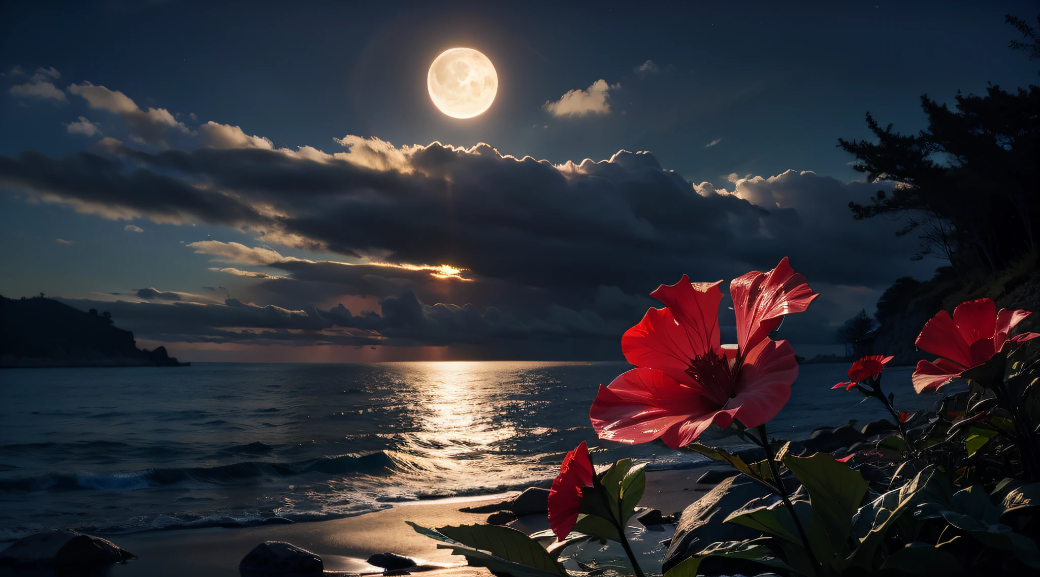 hibiscus Moon with water drops,neon glow, random background, sun rise, bokha mood