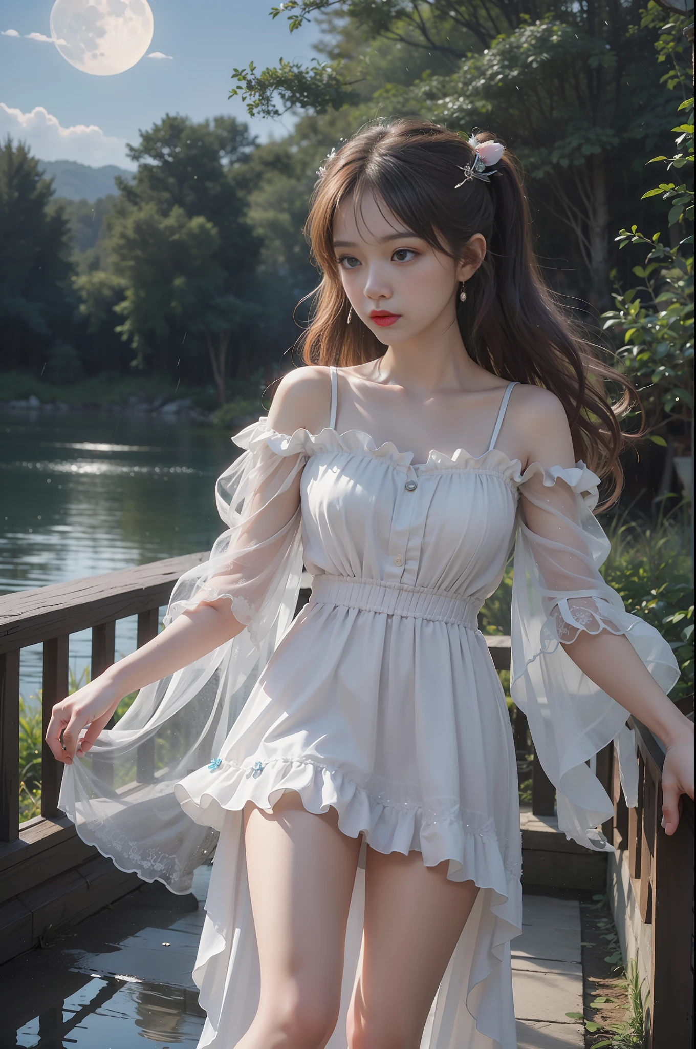 (8k, RAW photo: 1.2), highest quality, ultra high resolution, full body, (fluttering detailed color splash), (illustration), (one girl))), (long hair), (rain: 0.9), (hair ornament: 1.4), there is an ancient palace beside a woman, dress, (focus), color ink wash painting, (color splash), colorful splash, ( Colorful))), (sketch: 0.8), masterpiece, highest quality, beautifully painted, highly detailed, (noise removal: 0.6), [splash ink],((ink refraction),(beautiful detail sky),moon,high,detail,(masterpiece, best quality, highly detailed cg unity 8k wallpaper,masterpiece, best quality, super detail),(Lycoris radiata)
