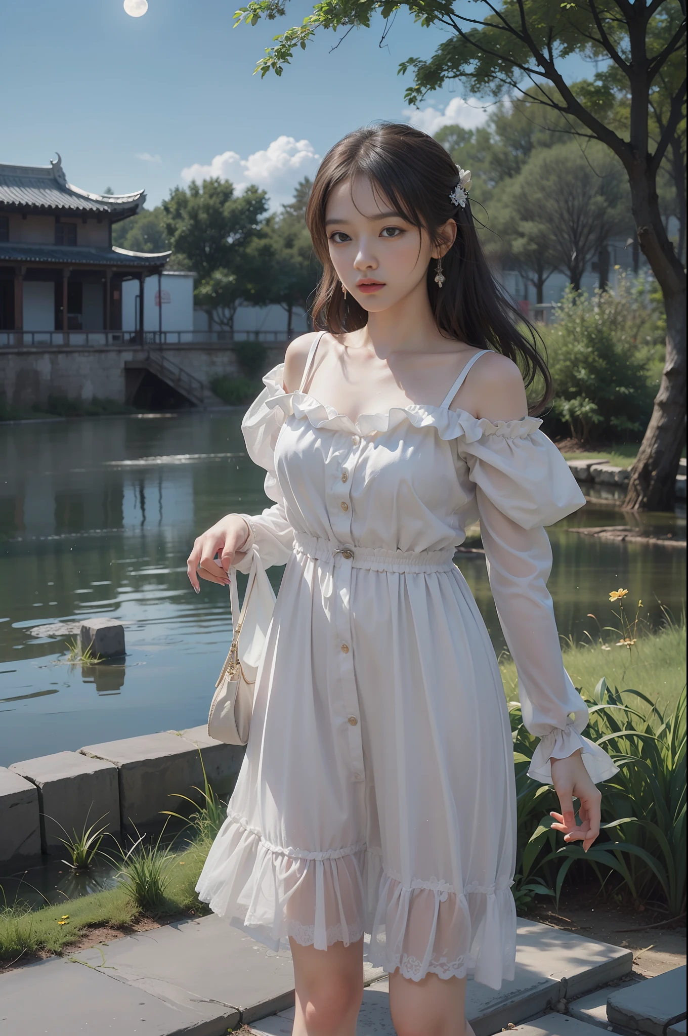 (8k, RAW photo: 1.2), highest quality, ultra high resolution, full body, (fluttering detailed color splash), (illustration), (one girl))), (long hair), (rain: 0.9), (hair ornament: 1.4), there is an ancient palace beside a woman, dress, (focus), color ink wash painting, (color splash), colorful splash, ( Colorful))), (sketch: 0.8), masterpiece, highest quality, beautifully painted, highly detailed, (noise removal: 0.6), [splash ink],((ink refraction),(beautiful detail sky),moon,high,detail,(masterpiece, best quality, highly detailed cg unity 8k wallpaper,masterpiece, best quality, super detail),(Lycoris radiata)
