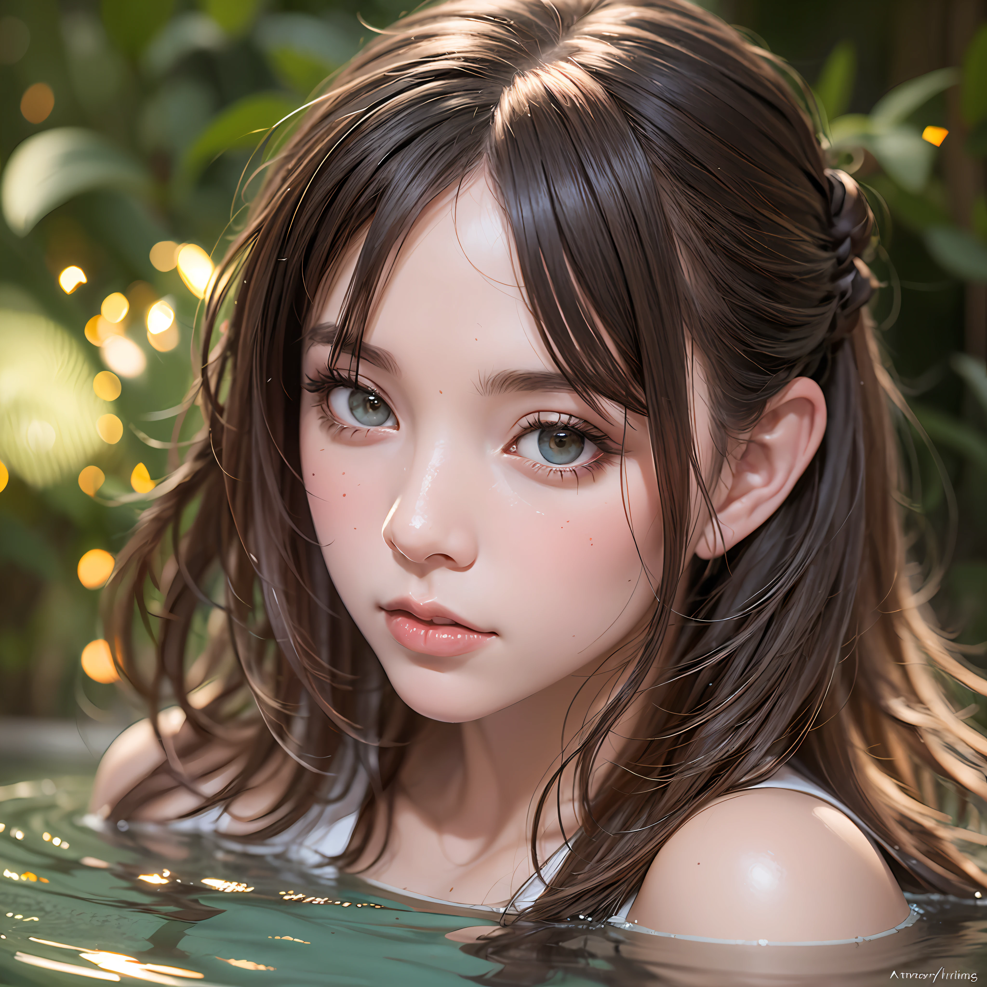 close up portrait of a cute woman (gldot) bathing in a river, reeds, (backlighting), realistic, masterpiece, highest quality, lens flare, shade, bloom, [[chromatic aberration]], by Jeremy Lipking, by Antonio J. Manzanedo, digital painting,