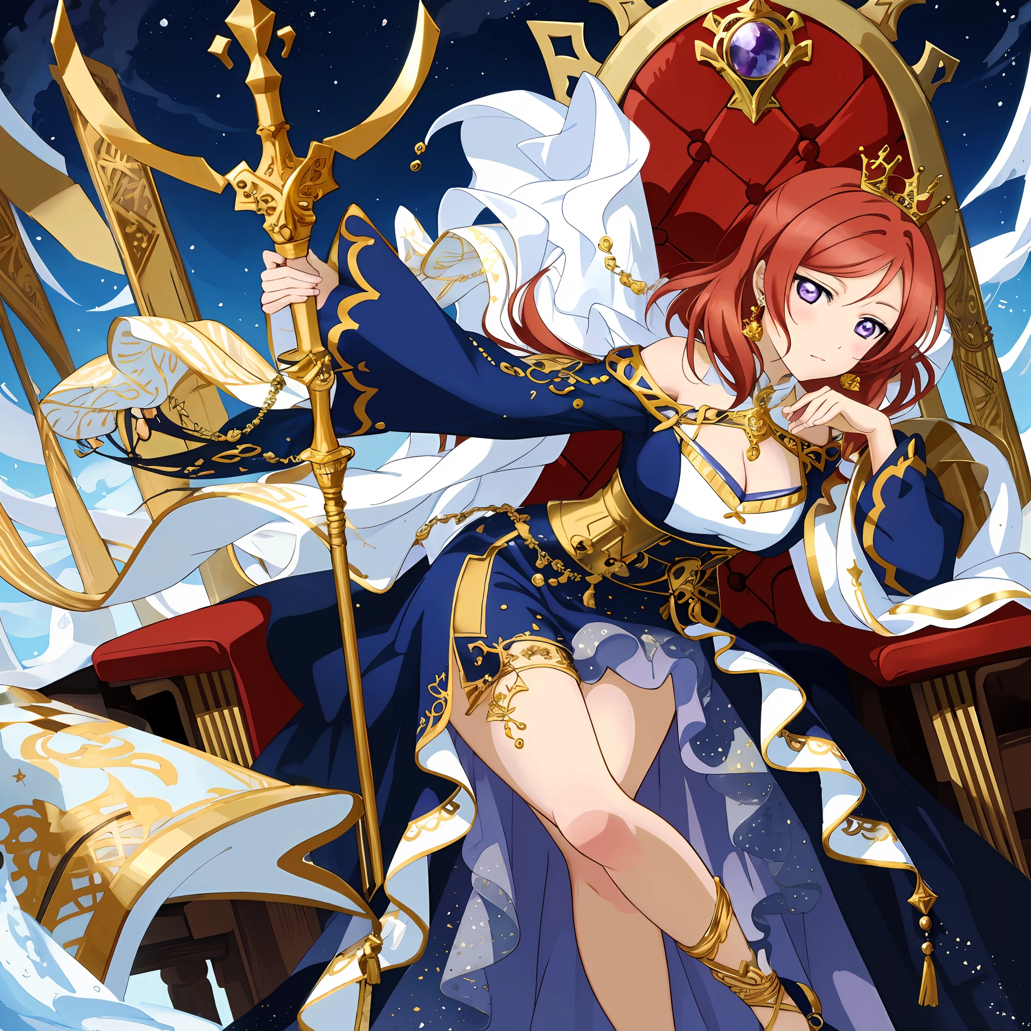 Nishikino maki, purple eyes, blue dress, straps, cleavage,thicc breasts, gold necklace, night, elegant, elegant face, earrings,Laying on throne, magic throne,solo, thighs,wind magic,wind aura, hair floating in wind, magic staff between breasts,thigh chain