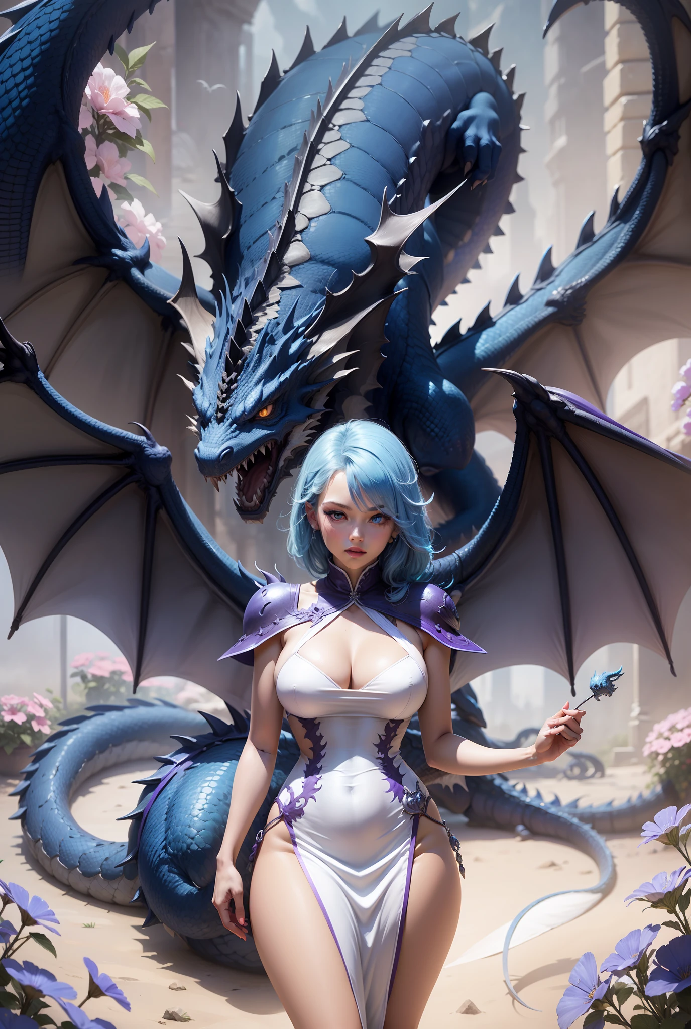 Blue Western dragon,blue hair,Blue eyes,White dress,Purple flowers,Bigchest,Big ass,Dragon wings,Dragon's horn