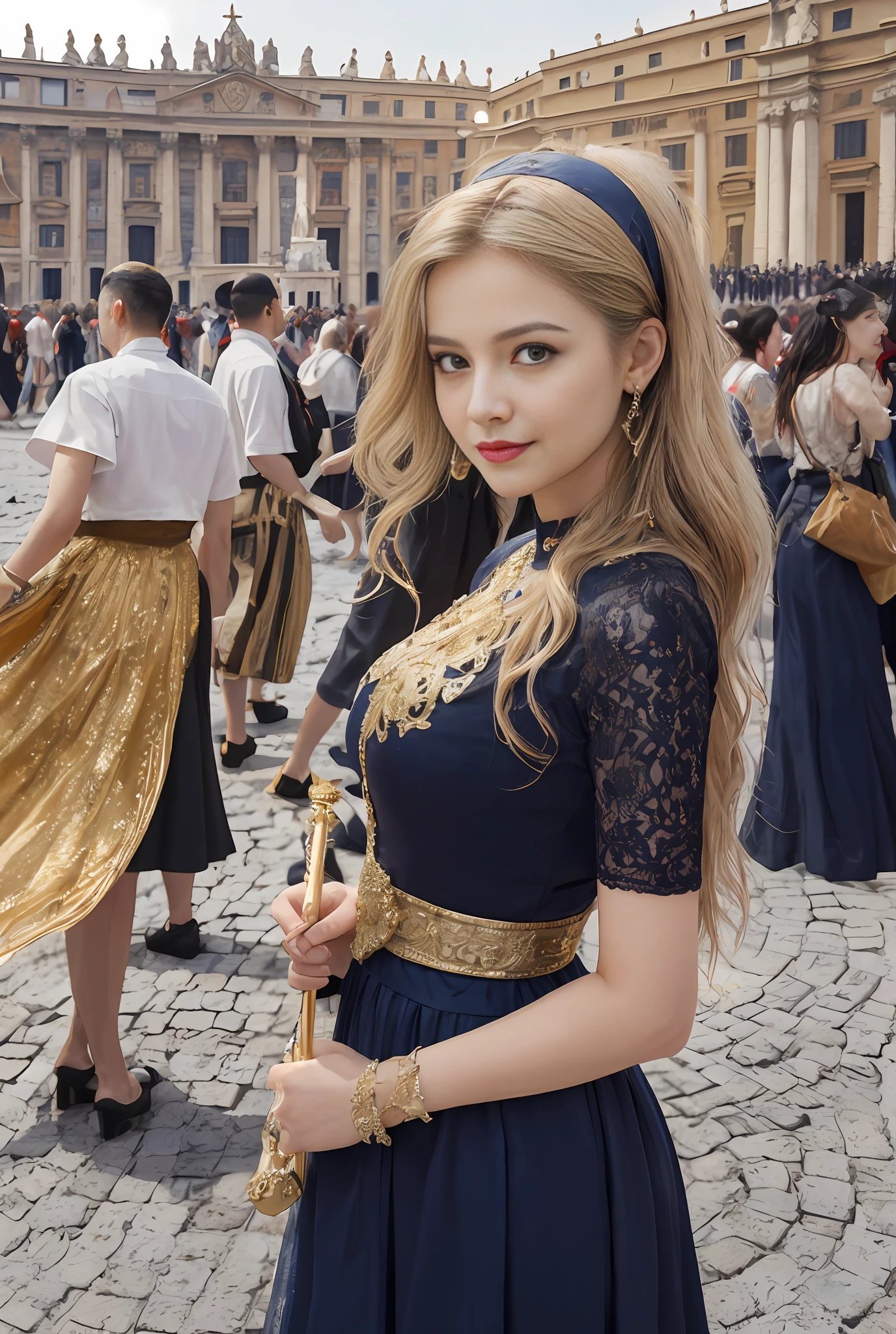 (巨作, Best quality, Realistic),
1girlhugebreasts,(on the St. Peter's Square of Vatican,crowd), sankta. Peter's Square of Vatican background, gypsy dress, Dancing, Intricate, Dark blue dress, Gold,banquet, crowd, picking up skirt,Pale skin,
[Slight smile],