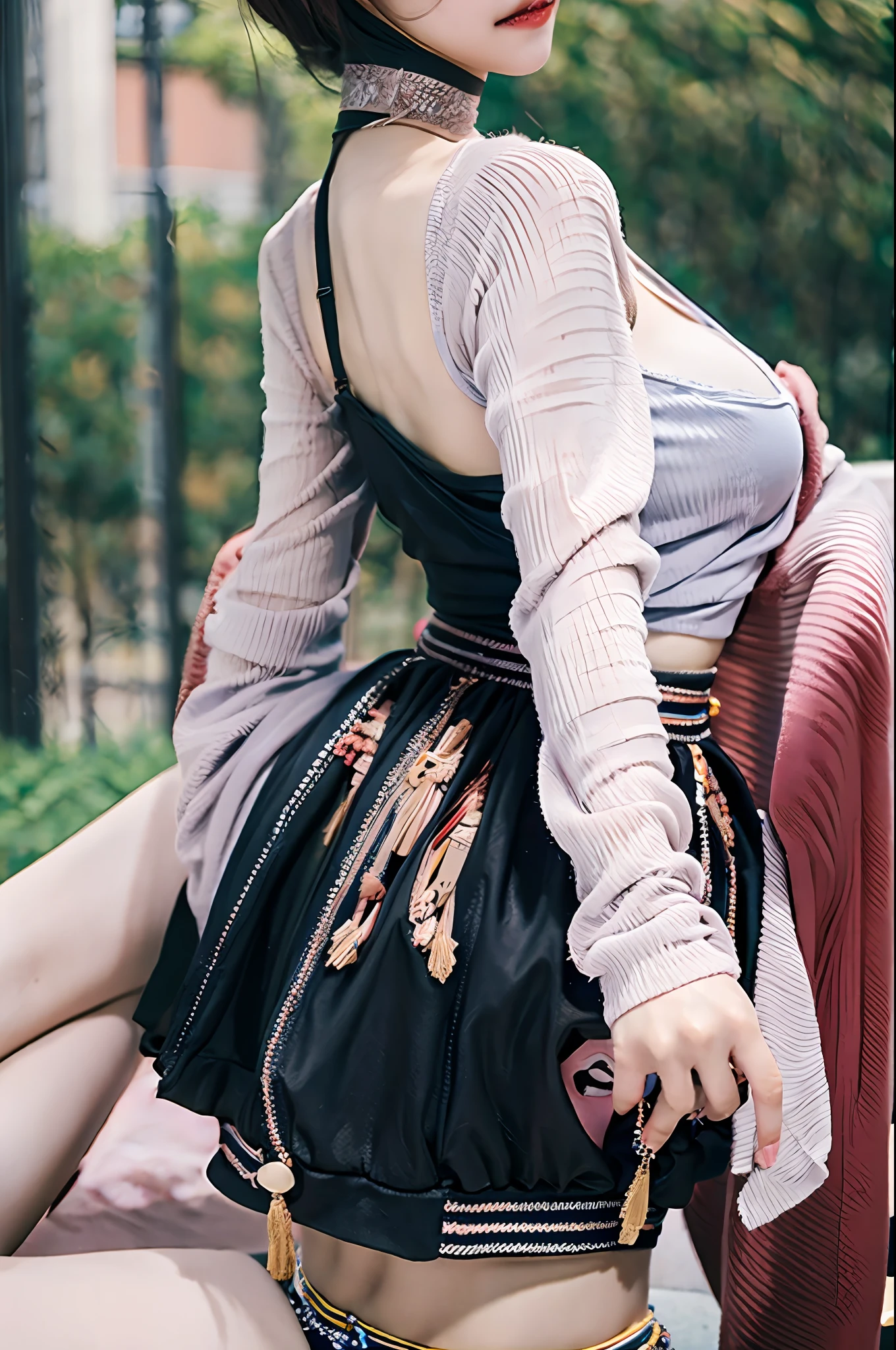 18-year-old female,Hair that reaches the calves,RAW photos,bokeh(realistic Doctrine:1.4,realisticlying),High detail CG unified 8K wallpaper,1girl,((slimfigure:1)),(little breast:1),Turn your back to the audience,((View directly from the front)),(Head office skin:1.4),8K UHD,digital DSLR camera,Soft light,high high quality,filmgrain,FUJI XT3,((school uniformss,short skirt,choker necklace,Sheer open shirt:1.5)), ((outside,at park)Long beads,sportrait,((Short hair in layers,black colors,smallunderboob:1.2)),(looking looking at viewer:1.4),(full bodyesbian:1.8)