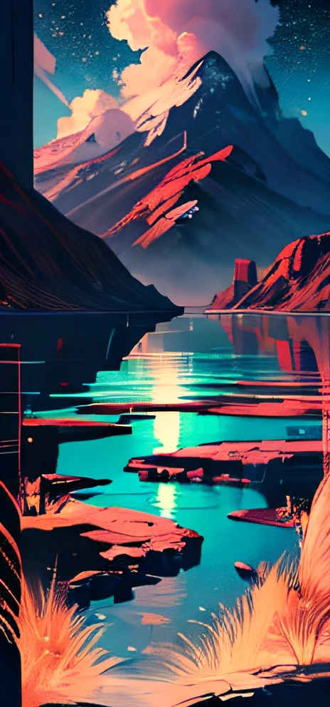 Beautiful land, filled with water and lava, Intricate, Masterpiece, Clever, insanely detailed, 4k, composition, Crop, in the center, symmetry, Drawn, Intricate, voluminous lighting, beutiful, A masterpiece saturated with deep colors, sharp-focus, overdetalization, in the style of Dan Mumford and Mark Simonetti, astrophotographyBust of a cute girl, a 1girl, c-cup breasts, shoulder length pink hair, straight hair, (dark blue eyes), (light blue long sleeve shirt), (white flowy dress), park scenery, cute face, beautiful smile, full lips, pink lipstick, glossy lips, Cowboy shot, detailed lips, romantic date, hair blowing in the wind, floating hearts, apaixonado, Masterpiece, Best Quality