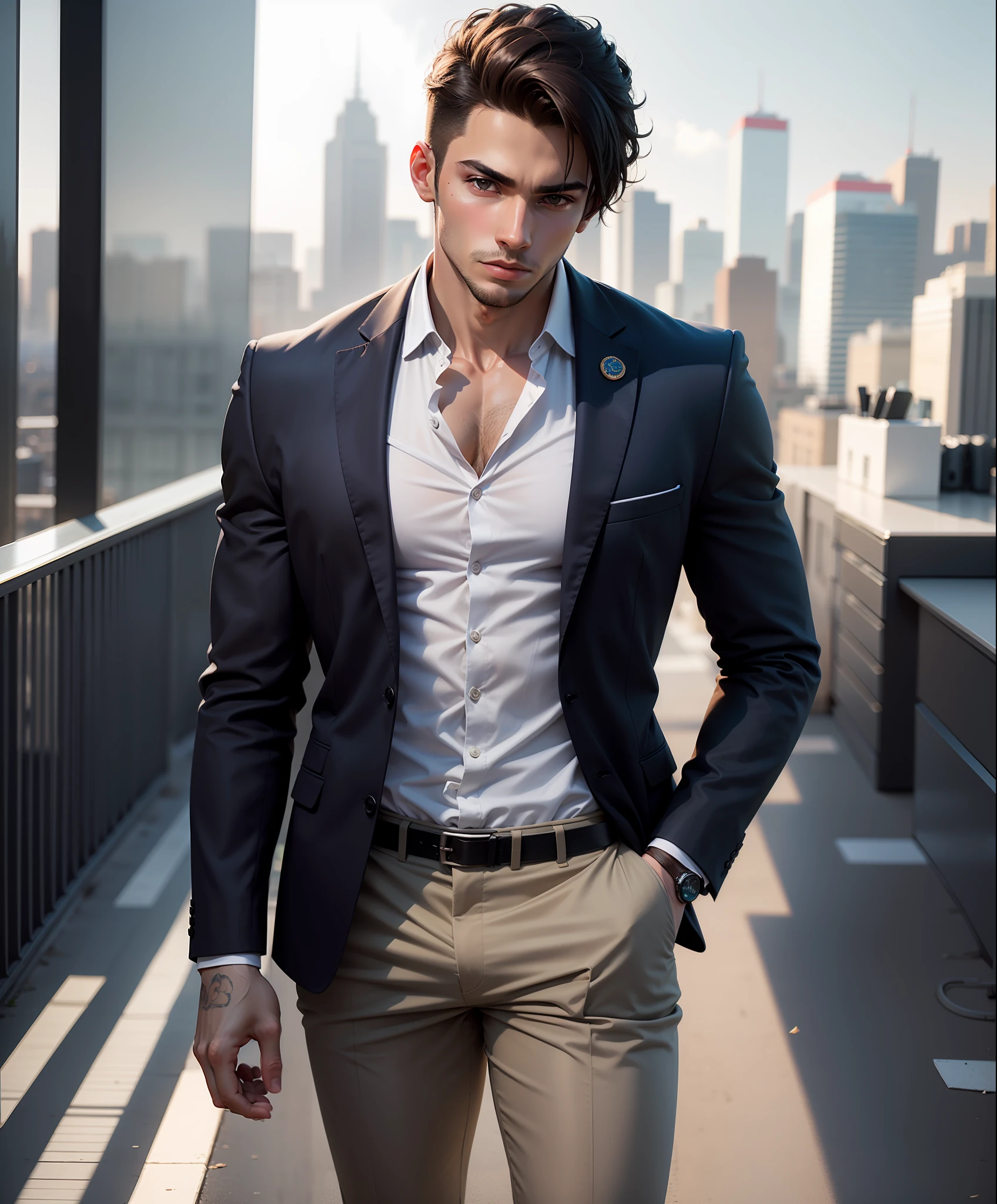 Young sexy white Brazilian Brazilian athletic man with brown Latin eyes and haircut without brown bangs, wearing black suit standing watching the city, office background. realista, 4k, Hiperealista, melhor imagem.