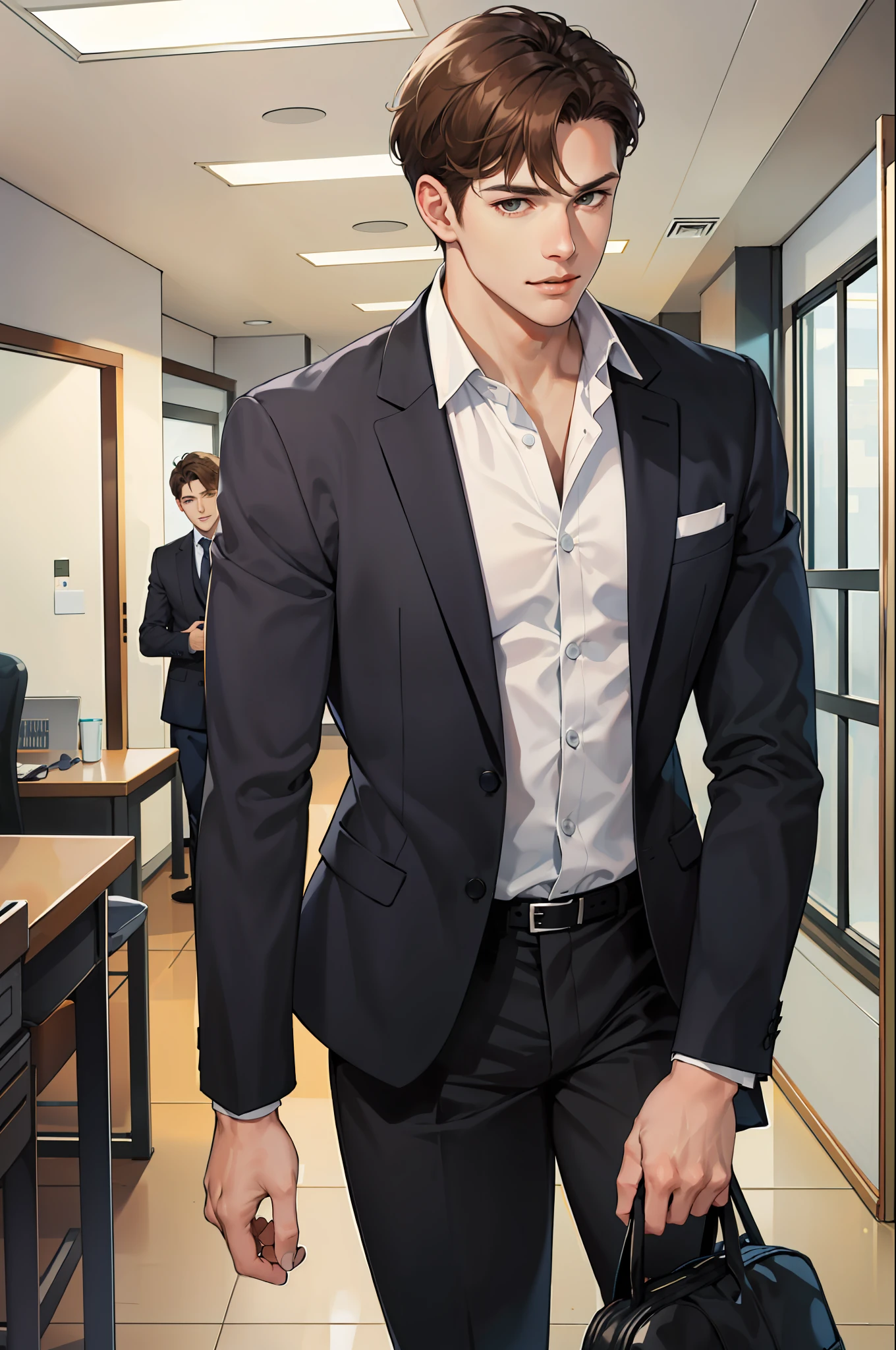 1man , a handsome male CEO, from bottom to toe, brown hair was in the office building