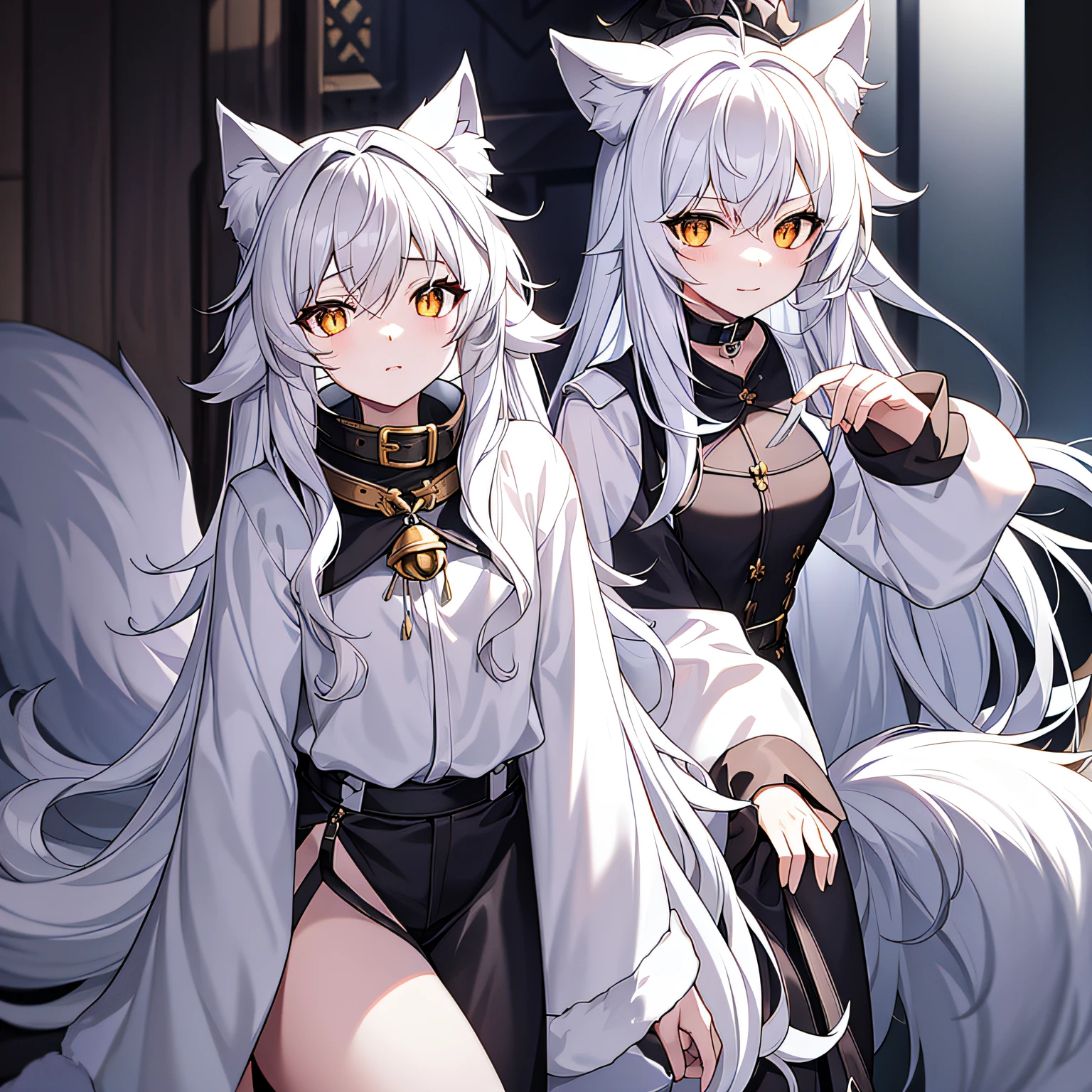 fake animal ears, white hair, straight hair, hair bow, bell, hair bell, slit pupils, yellow eyes, cat ears, light smile, ear blush, naughty, fang, blank eyes, aqua eyes, Suprematism, anime, ray tracing, vignetting, dithering, cinematic lighting, sideways, caustics, Social realism, Genre painting, f/1.8, Sony FE GM, caustics, cowboy shot, atmospheric perspective, from below, character chart, fading border, mosaic art, social media composition, 8k, 4K, textured skin --auto