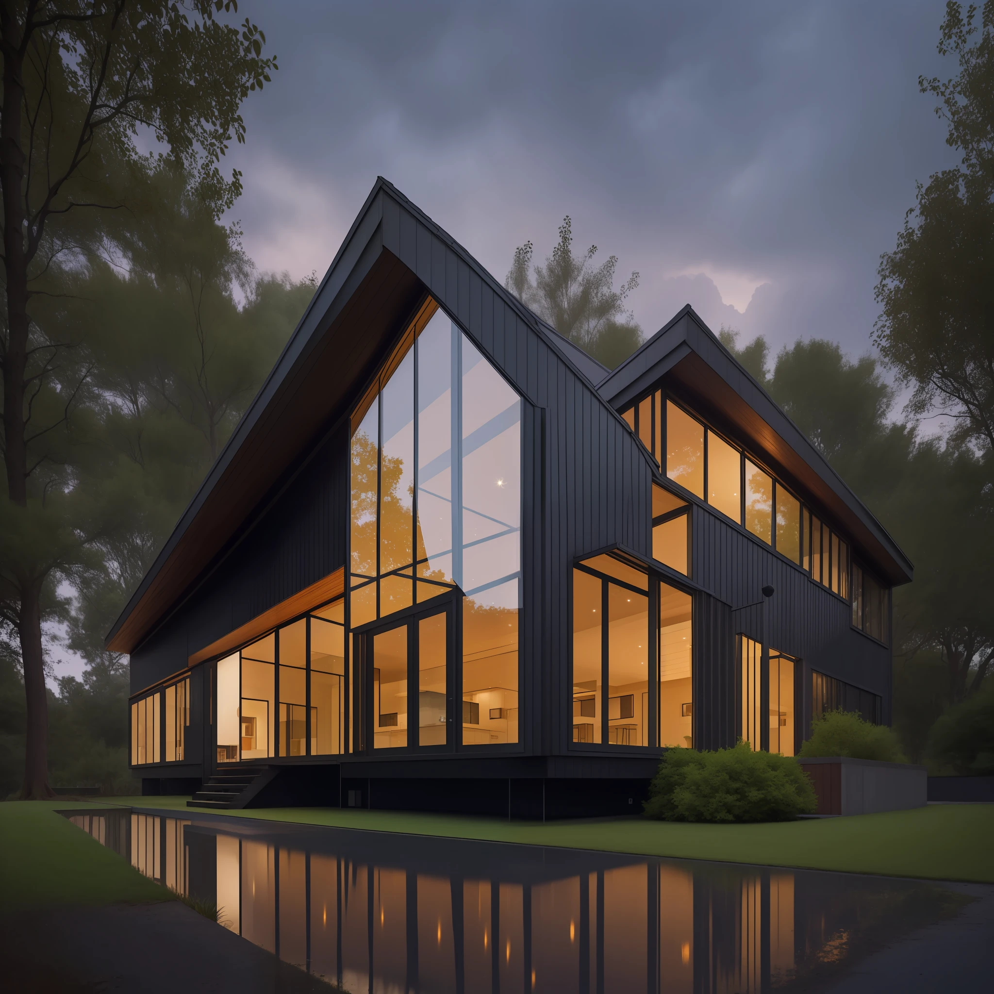 mordenhouse, house, glass house with a sloping roof, modern, dynamic (RAW photo, real, best quality, masterpiece:1.2), (hyper realistic, photo-realistic:1.2), high quality, (dark lighting:1.2), perfect lighting, archdaily