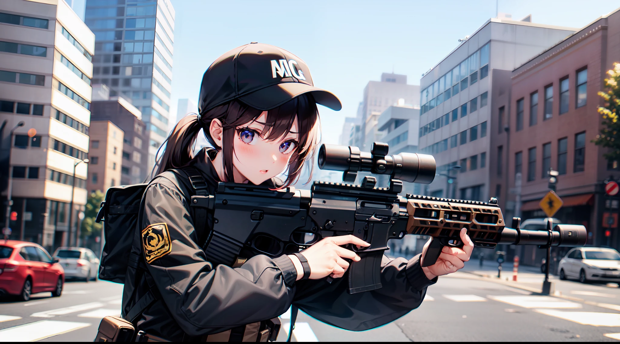 PMC, CQB, CQC, battle girl, assault rifle, downtown, black clothes