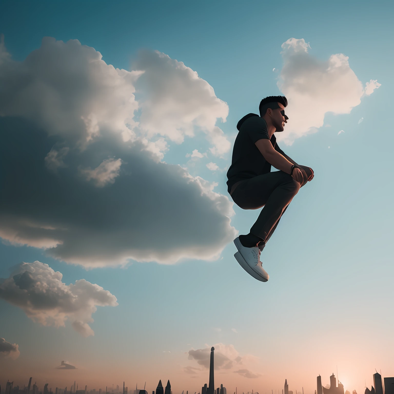 There was a man floating on a cloud and a man flying in the sky, cinematic outfit photo,, in sunny weather, casual photography, In the sky, cinematic style photograph, Wear trendy clothes，Wear AJ1,The camera is focused on the protagonist from top to bottom，Under the misty clouds lies the looming neon city