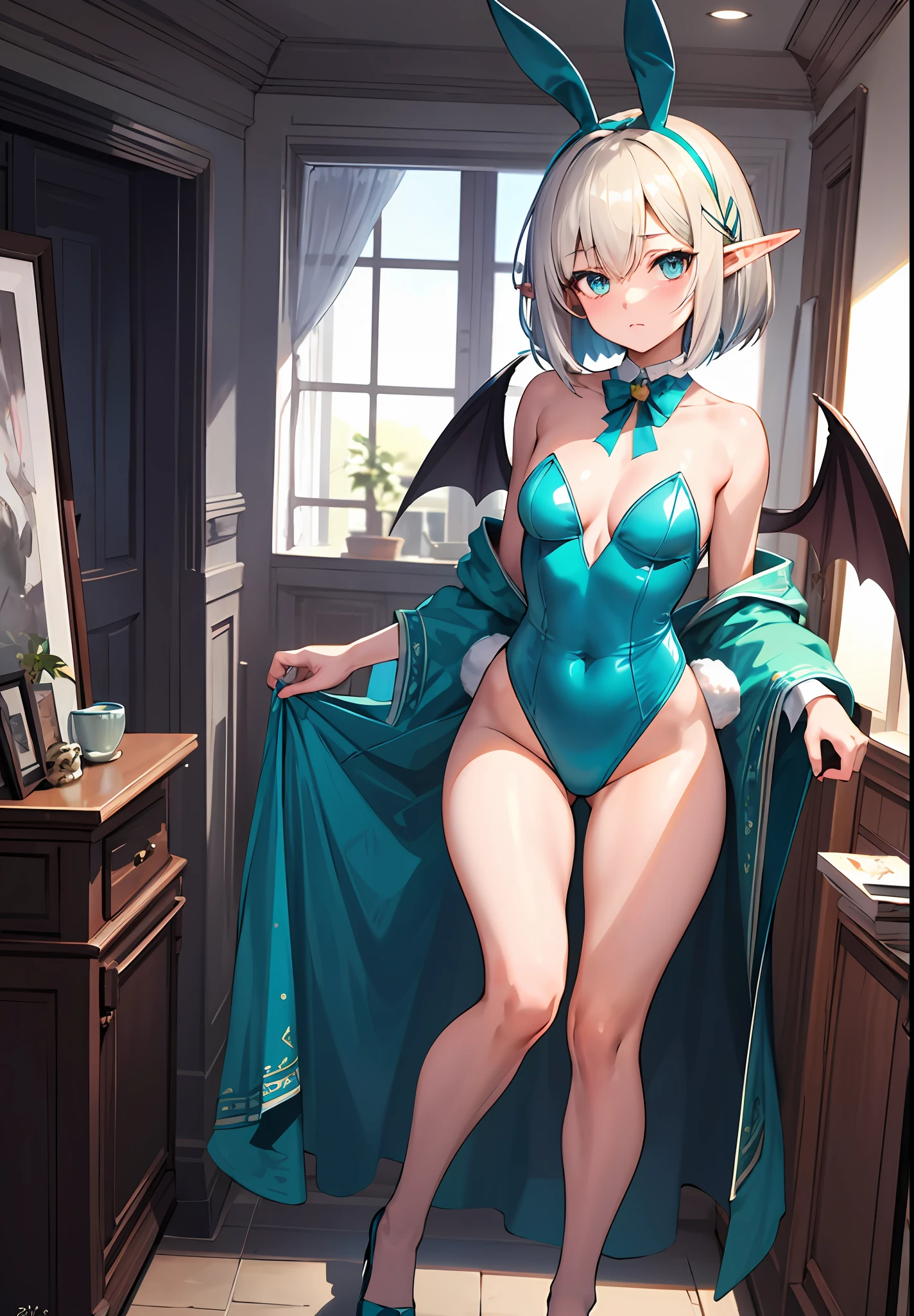 tmasterpiece,high high quality,1girlhugebreasts,solo,hugetits,bob-cut hair,inside room,barrettes,(A half body:Above thighs),(hair between eye),(Hairstyles:Elf short hair),Bat wings,Disappointed face,looking looking at viewer,(rabbit girl)