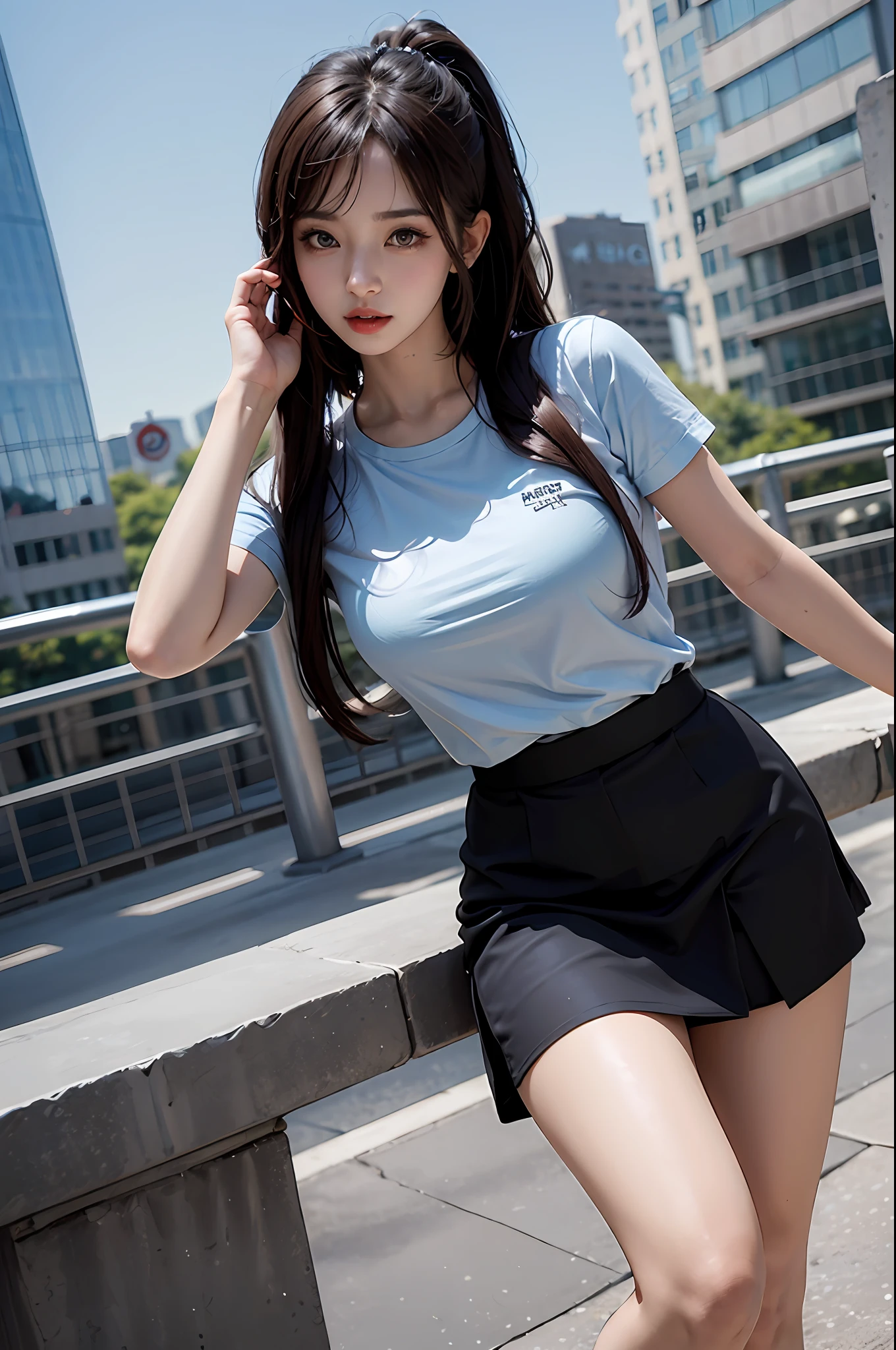 Stone arch bridge,Gangnam Town,Girl posing for photo in loose sky blue cartoon shirt and short black skirt,Slim girl model,ff Tifa,24 years old female model,twin ponytails,side bang,