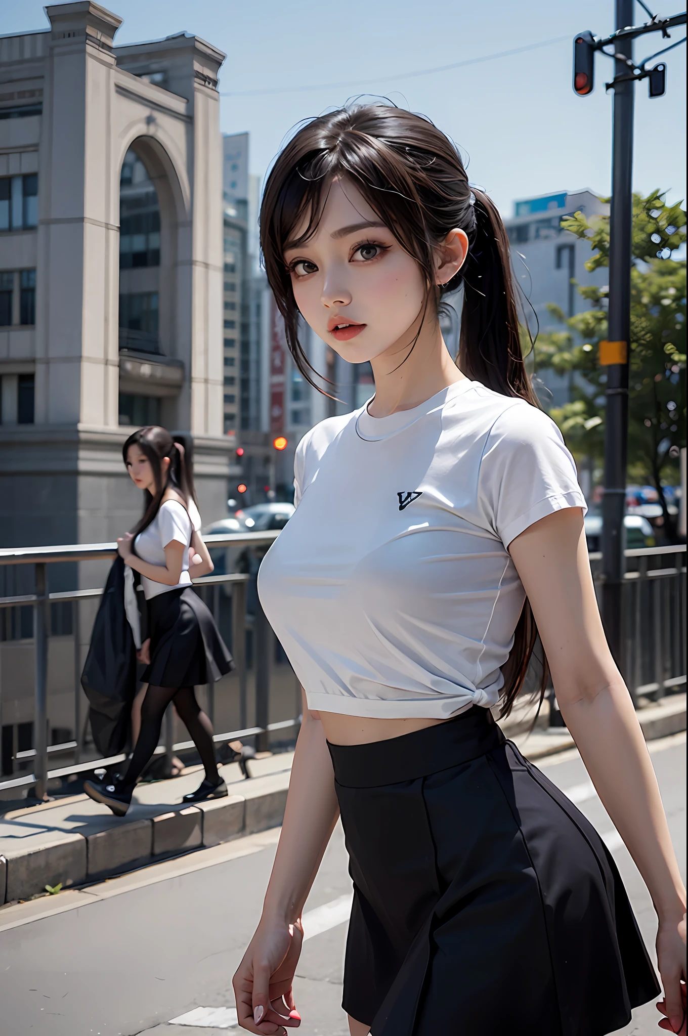Stone arch bridge,Gangnam Town,Girl posing for photo in loose sky blue cartoon shirt and short black skirt,Slim girl model,ff Tifa,24 years old female model,twin ponytails,side bang,