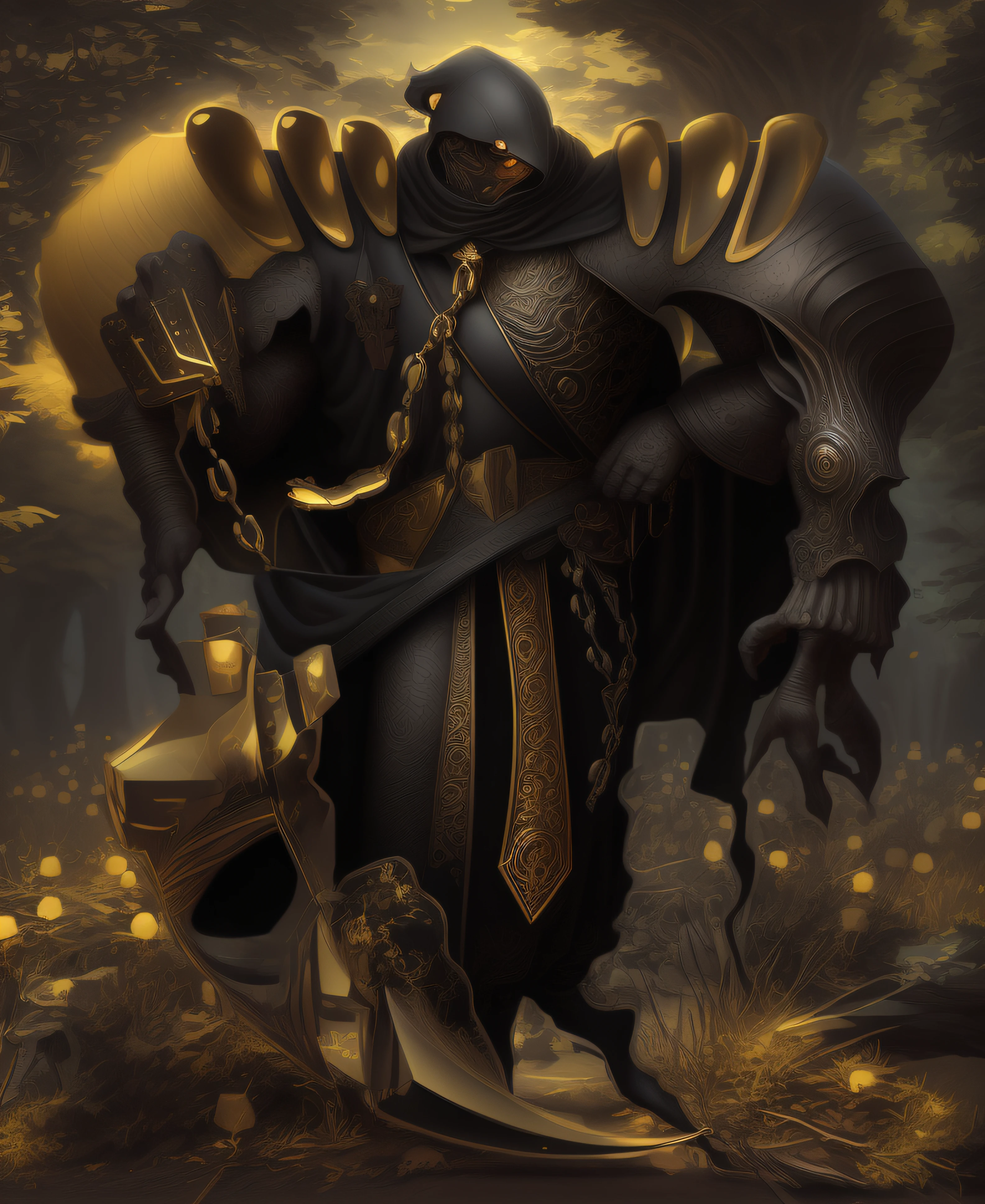 there is a man in a costume holding a sword in a forest, pintado como uma arte conceitual de jogo, arte de fantasia digital 2d detalhada, pintado no estilo arcano, Vencedor do concurso Polycount, arte conceitual estilizada, arte conceitual sombria, arte conceitual acabada, Vencedor do concurso Artstation, cavaleiro morto-vivo, arte conceitual arcana, Epic Fantasy Digital Art Style
