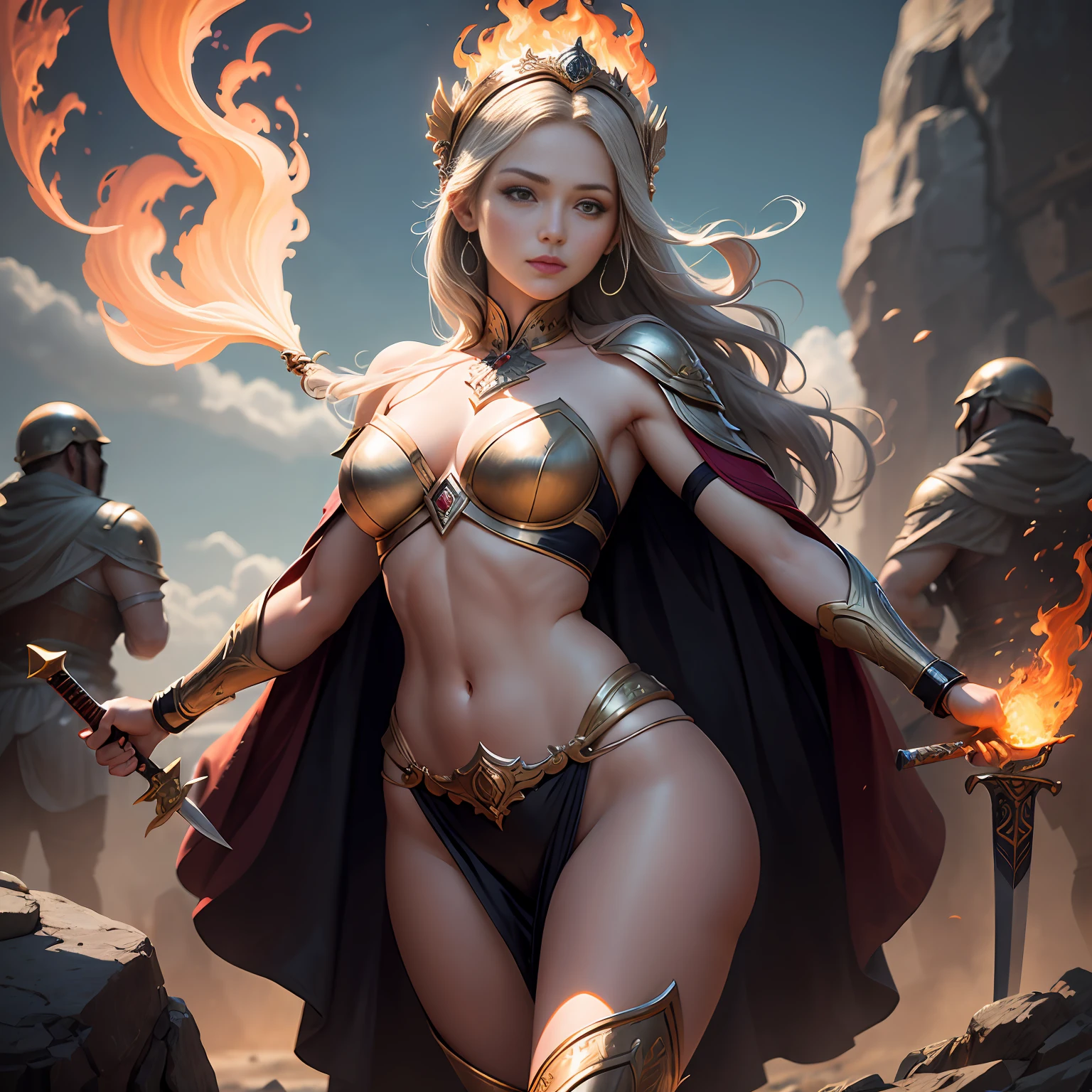 tmasterpiece,超高分辨率,A woman with a long sword in her hand, Swing your sword vigorously on the rock,The sword body glows and bursts into flames,Fully armed,A female warrior in combat,Battle robes fluttering,The body is surrounded by flames,Full body like,Ancient Greek idols style,deusa Atena,Goddess of battle,Goddess of beauty,Perfect body structure。The background is sky and clouds, flames of fire,Thomas Blackhill,Greek goddess Athena, j c leyendecker 8 k,portrait of celtic goddess diana, venus godness athena, --auto