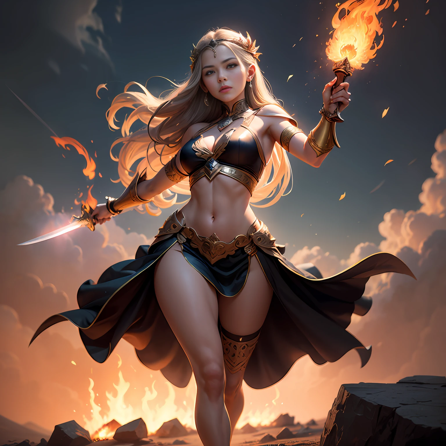tmasterpiece,超高分辨率,A woman with a long sword in her hand, Swing your sword vigorously on the rock,The sword body glows and bursts into flames,Fully armed,A female warrior in combat,Battle robes fluttering,The body is surrounded by flames,Full body like,Ancient Greek idols style,deusa Atena,Goddess of battle,Goddess of beauty,Perfect body structure。The background is sky and clouds, flames of fire,Thomas Blackhill,Greek goddess Athena, j c leyendecker 8 k,portrait of celtic goddess diana, venus godness athena, --auto