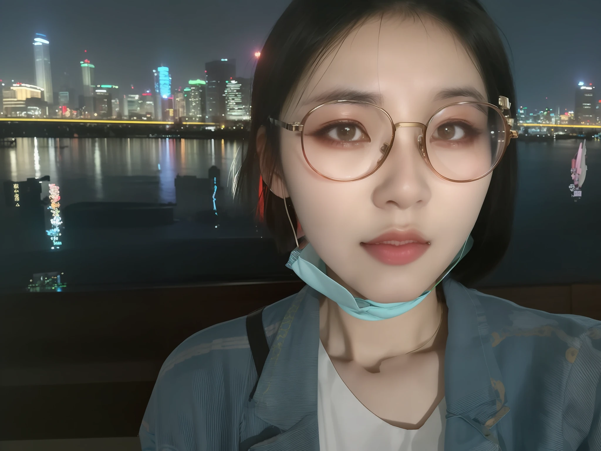 arafed woman wearing glasses and a neck tie standing in front of a body of water, 8k selfie photograph, wearing small round glasses, selfie of a young woman, in front of a sci fi cityscape, face bright, wearing thin large round glasses, wenfei ye, xintong chen, eye glass, With glasses, wearing transparent glass mask