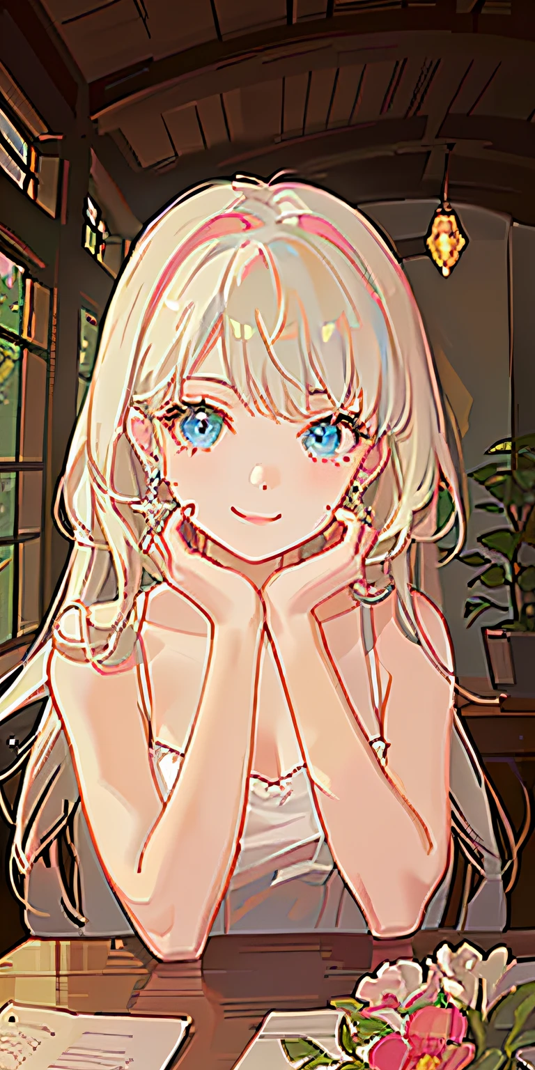 (masterpiece), (illustration), (best quality:1.3), silver hair, red eyes, li, ki10 yell breasts, fate (series), smile, outdoor, (Portulaca (plant)), accurate anatomy, indoor, (very cute girl, face focus:1.4), barrette, gothic white dress, blue eyes BREAK long (blond) hair, earrings, dynamic pose,