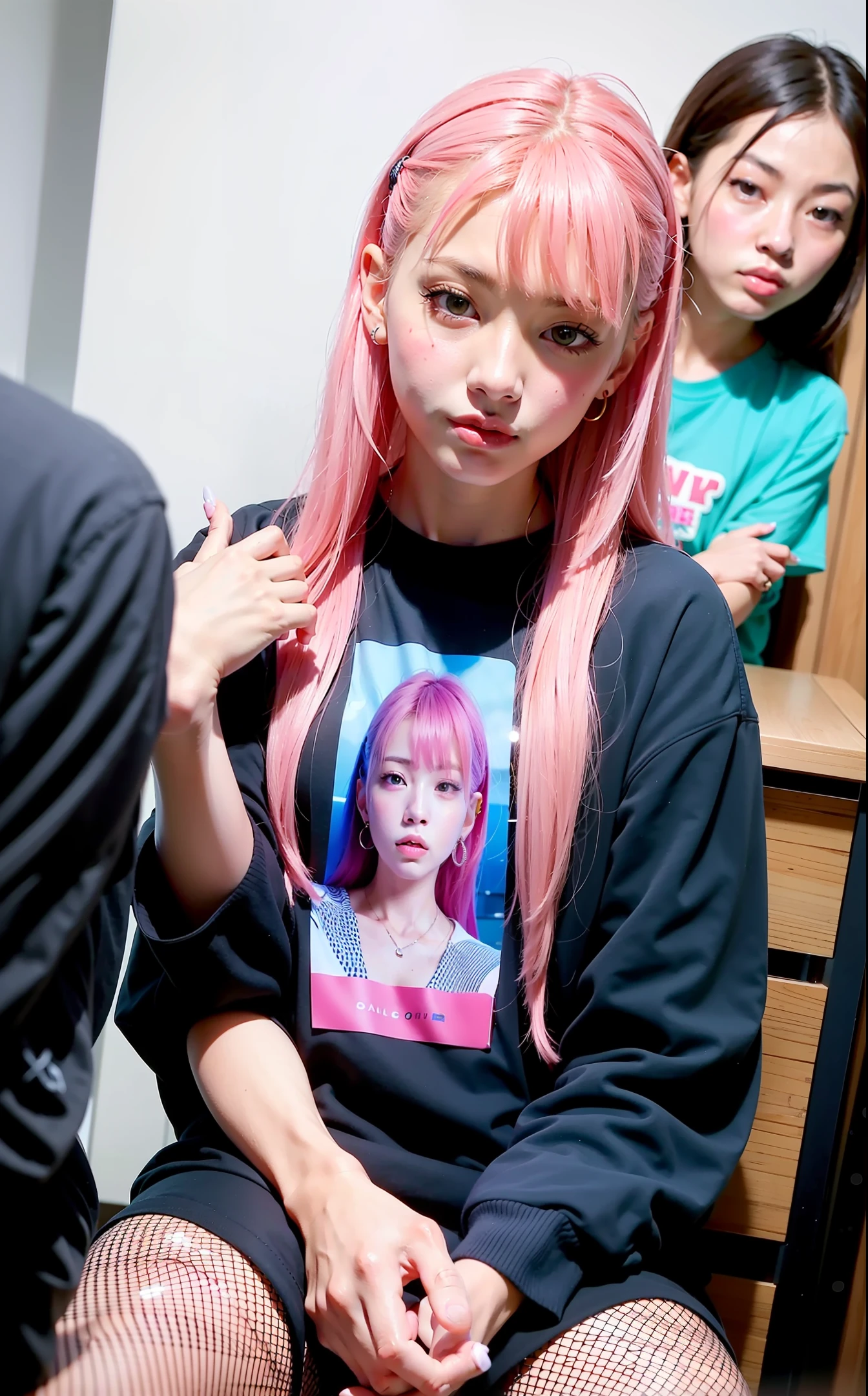 a close up of a person with pink hair and a blue shirt, a picture inspired by Yanjun Cheng, tumblr, tachisme, face with artgram, lalisa manoban of blackpink, 8k selfie photograph, ruan cute vtuber, jisoo from blackpink, roseanne park of blackpink, jisoo of blackpink, portrait jisoo blackpink, jossi of blackpink