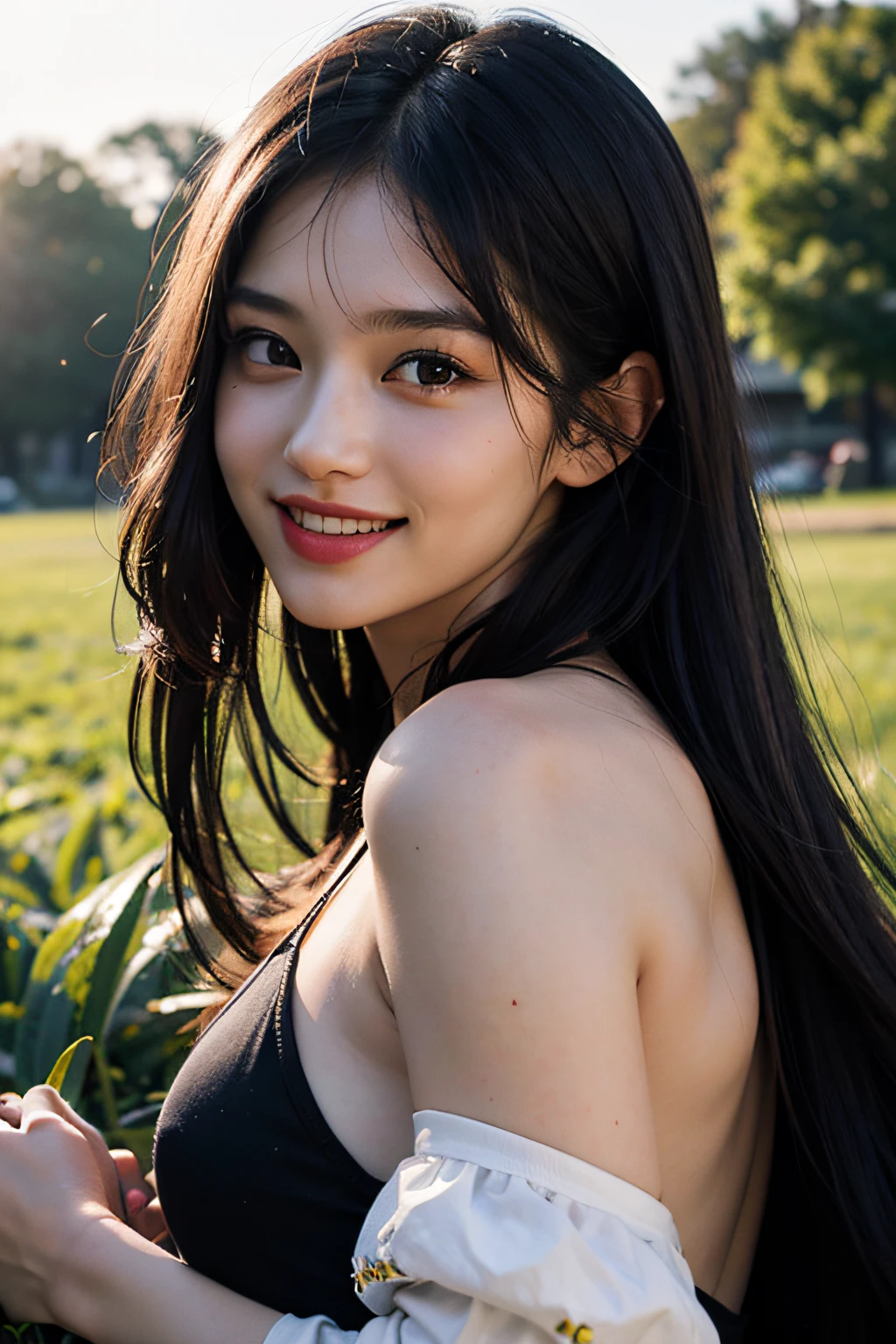 (in 8K、 Raw photography、beste-Qualit,、hight resolution),、(hyper realisitic)、(realisitic),、Soft light、、Kizi、Lifelike face、Realistic body、real-looking-skin、absurderes、masterpiece、Cuties、独奏、Innocent eyes、blusher、Cinema Lights、cherry colored lips、The hair 、a closeup、looki at viewer、 Open lips,、Upper teeth,、(Smiling eyes:0.6)、eyes focus、professionally lit、CG Social Trends、Plastic En、((Black Long Hair))、((a beautiful lady))、(A smile)、Fashionab、A sexy、Hair that flutters in the wind、((Flowing hair))、Happy -、fashion magazine、((lighting like a movie))、((grass field))、(full bodyesbian)、((Dancing))、