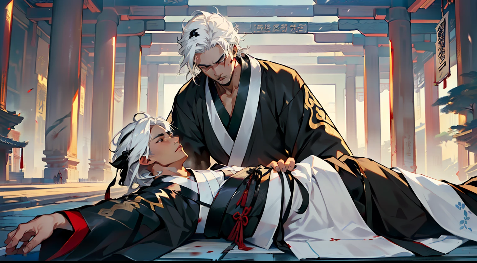 1，(Homem de meia idade,(((Black Hanfu))),((((white hair))),(((Middle age))),(((Middle age))).(((Black coat))),((Black Hanfu youth)),((Blackn clothes)) , (((white hair))),handsome，lying on ground，The temple is full of blood and qi)(Background with：The golden ancient royal palace hall)