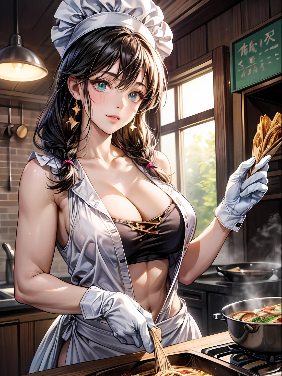 best quality, ultra-detailed, high resolution,anime screencap, unity 8k wallpaper, pov , heaping dumpling and ramen, dark ramen master, dark dumpling master,colorful dumpling dark bar,chef,two strands hanging in front,non visible underboobs,floral blouse, cute girl, (human:1),(voluptuous,well-endowed,Solo),(1lady, cook),chef,20 years old,black hair, two short braids hanging in front, (idolmasters),(cat eyes, pin up art),white gloves, ice cream bar, cold smile ,intake,collarbone,cooking,(pin up art),High school DxD,disco bar,muscular,collarbones, cooking, epic,lucky star, multiple focus