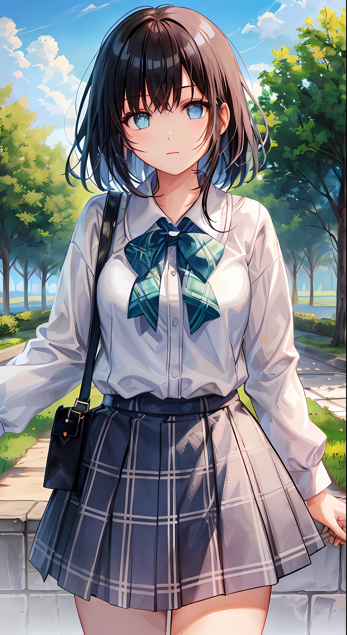 GIRL、(MASTERPIECE:1.1)、(maximum quality:1.1)、(White blouse:1.1)、(plaid skirts:1.1)、Student uniforms、high waist skirt、break[green grass:Pink,:0.5]theme、(Urban background:1.1)、Denim Lenses、Break Silver、Long、Green Eye、Landscape、