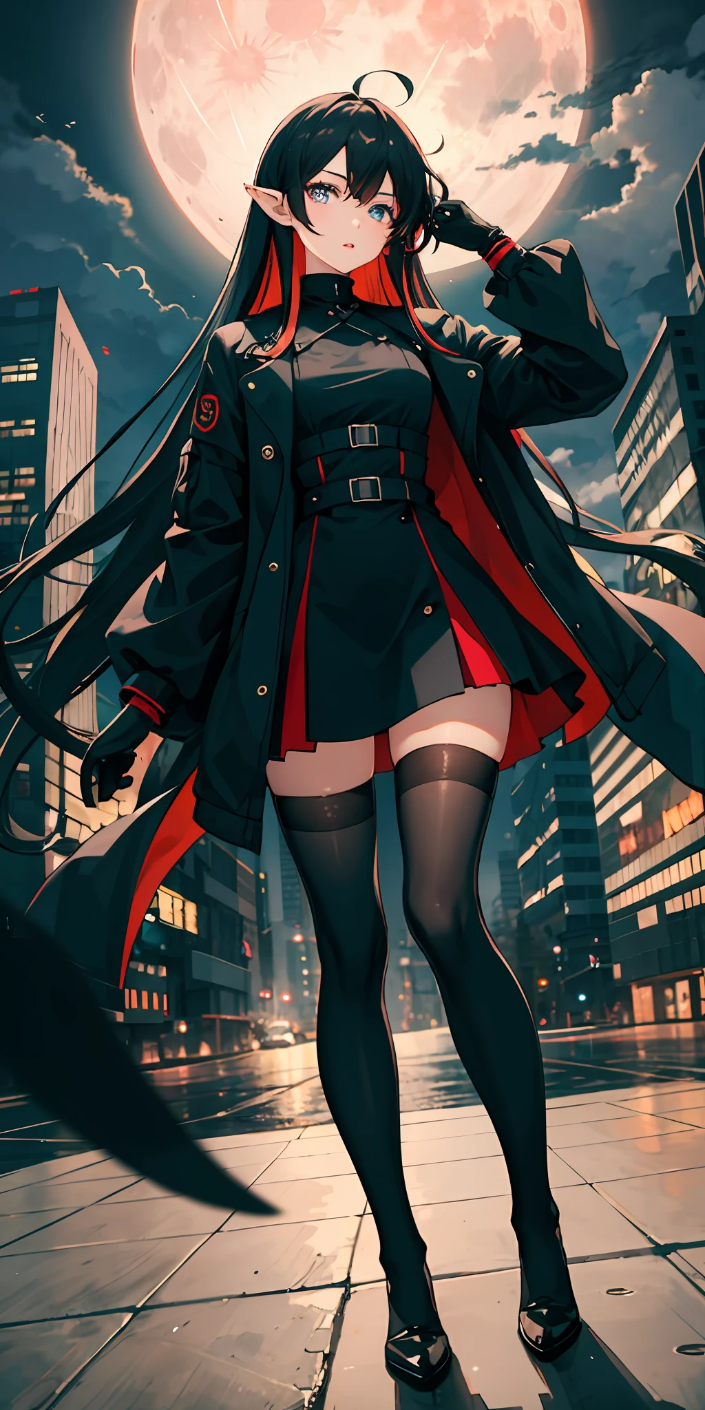 1girl, solo, long hair, thighhighs, black hair, blue eyes, moon, gloves, looking at viewer, black thighhighs, outdoors, building, sky, jacket, bangs, long sleeves, pointy ears, city, standing, black gloves, zettai ryouiki, open clothes, black jacket, dress, open jacket, hand up, night, very long hair, cloud, skyscraper, full moon, hair between eyes, black dress, feet out of frame, multicolored hair, cityscape, parted lips, closed mouth, red hair, skirt, short dress, breasts