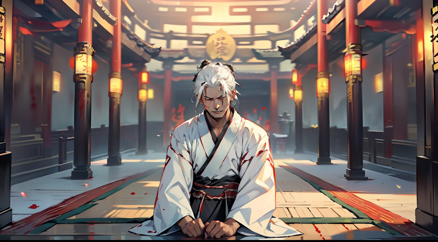 1. (A middle-aged man, dressed in (((Black Hanfu))), with (((white hair))), lies on the ground, his face showing pain, as blood fills the hall) (Background: A magnificent ancient imperial palace, resplendent with gold and jade).