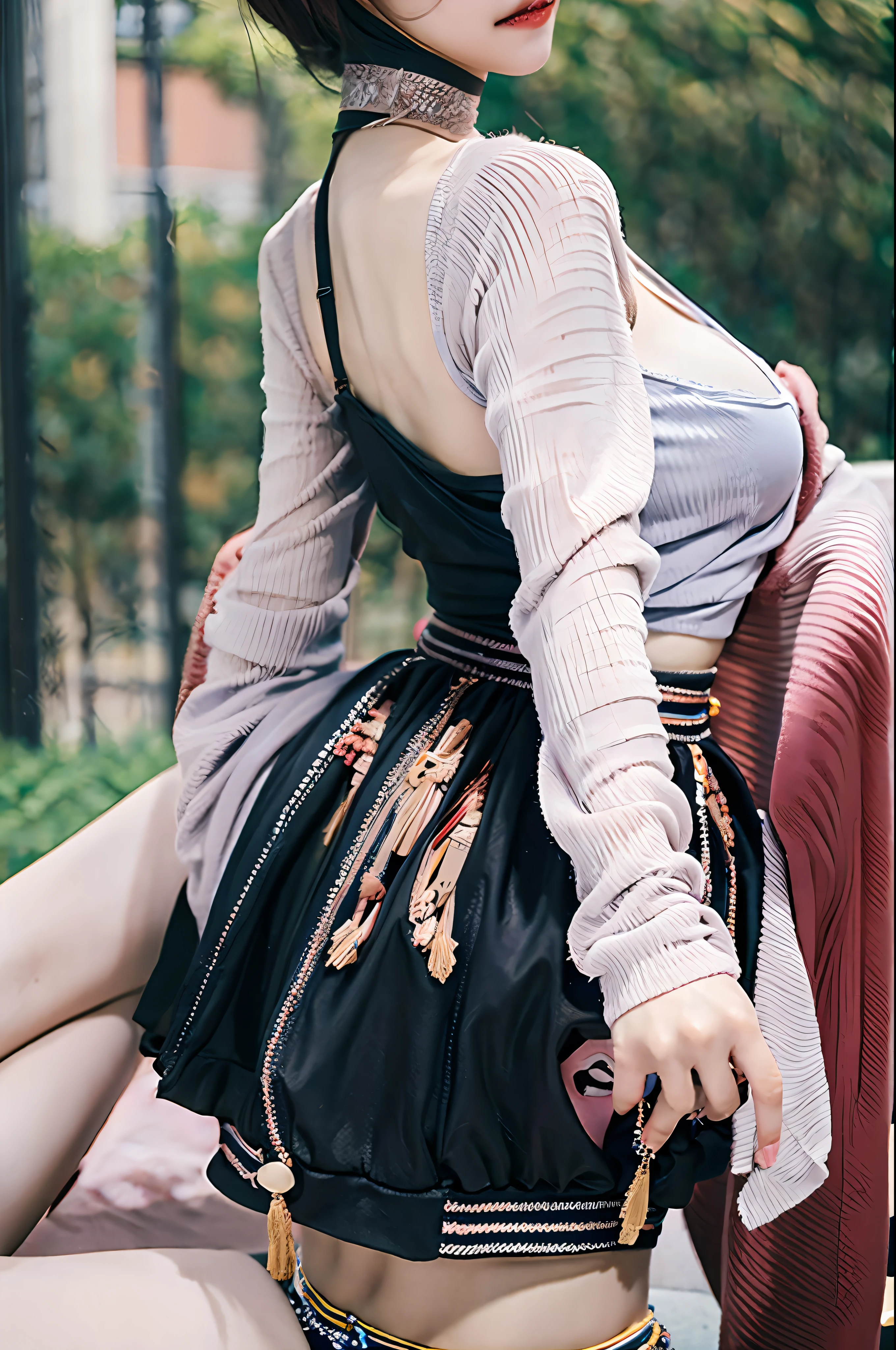 18-year-old female,Hair that reaches the calves,RAW photos,bokeh(realistic Doctrine:1.4,realisticlying),High detail CG unified 8K wallpaper,1girl,((slimfigure:1)),(little breast:1),Turn your back to the audience,((View directly from the front)),(Head office skin:1.4),8K UHD,digital DSLR camera,Soft light,high high quality,filmgrain,FUJI XT3,((school uniformss,short skirt,choker necklace,Sheer open shirt:1.5)), ((outside,at park)Long beads,sportrait,((Short hair in layers,black colors,smallunderboob:1.2)),(looking looking at viewer:1.4),(full bodyesbian:1.8)