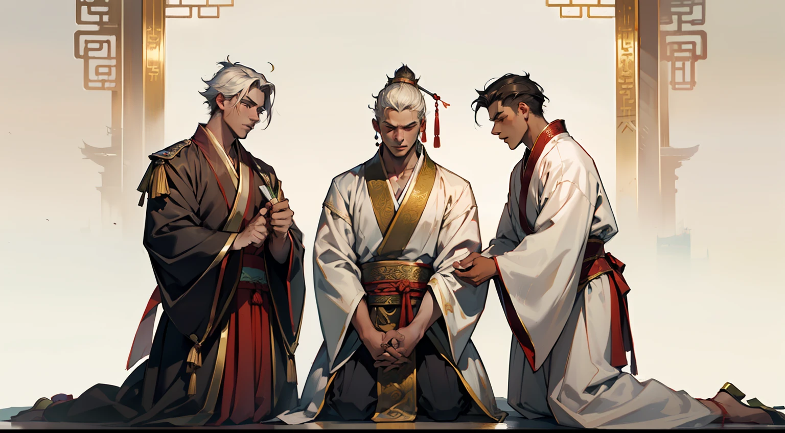 2. (A group of young men in white Hanfu, panic-stricken, kneel on the ground, their faces pale) (Background: A magnificent ancient imperial palace, resplendent with gold and jade).