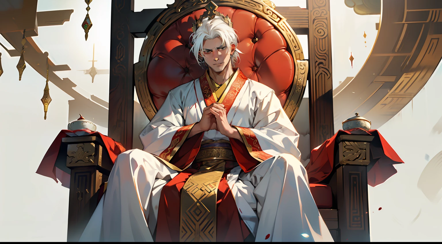 3. (A boy, with (((white hair))), dressed in white Hanfu, sits on the sacred throne, exuding a kingly aura. He displays a bloodthirsty intention, looking at the members of the Li family with his proud and indifferent gaze) (Background: A magnificent ancient imperial palace, resplendent with gold and jade).