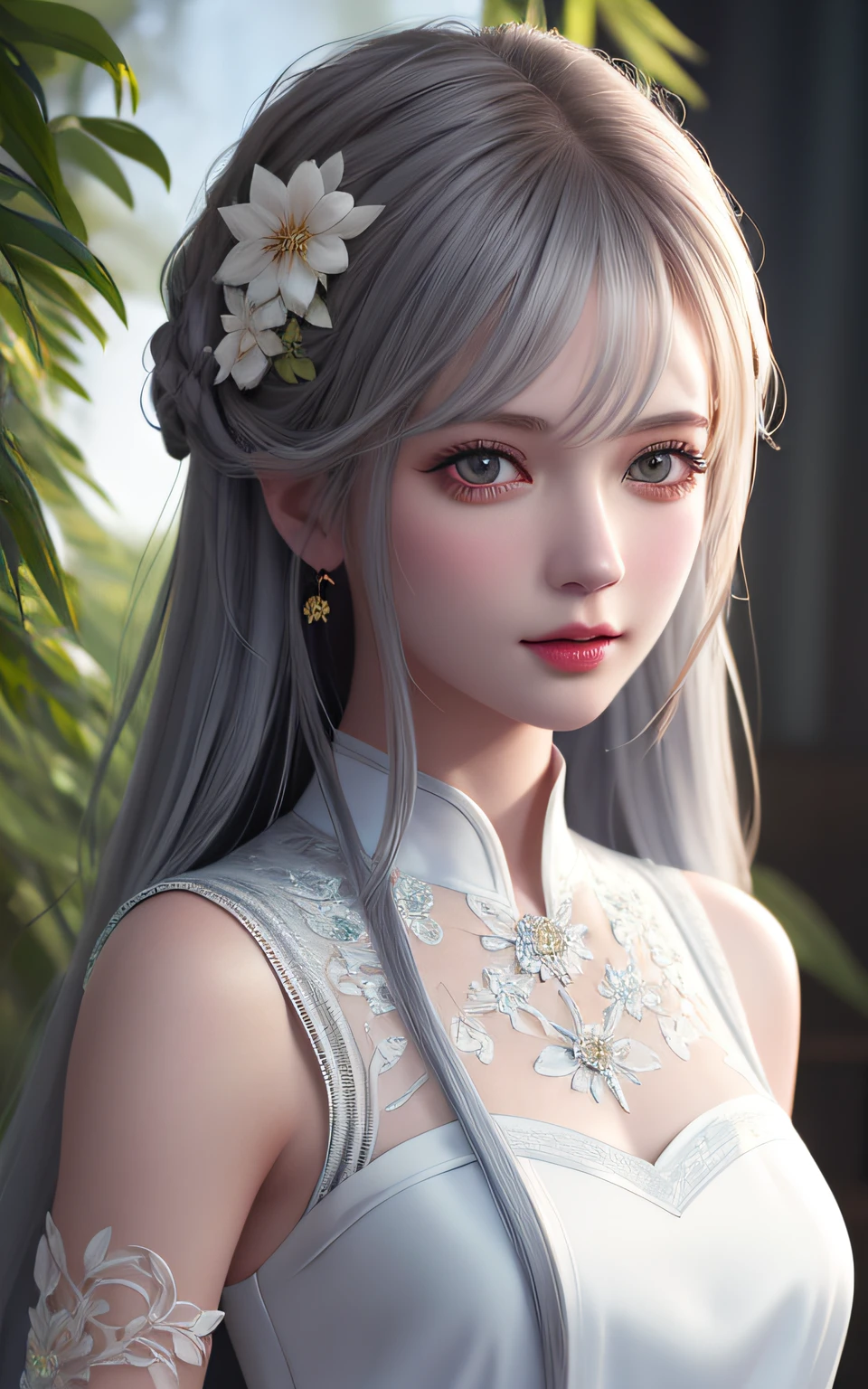 Trends on ArtStation, Trends on CGSociety, Intricate, High Detail, Sharp Focus, Dramatic, Realistic Art of Drawing by Midjourney and Greg Rutkowski, Sketch, Masterpiece, Best Quality, Very Detailed, 1girl, Half, Beautiful Meticulous Eyes, Cute Anime Face, Bust, Beautiful Meticulous Face, White Hair, (Botanical Illustration: 1.5), White Dress