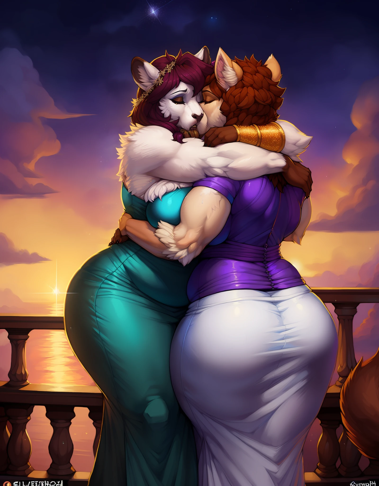 ✨️, ((REALISTIC)), (fuzzy:1.5), (fur:1.8), isometric view, best quality, absurd res, sunset clouds, starry sky, ((sparkles)), cinematic, (floating hearts), slightly chubby, by foxovh, by sligarthetiger, by cumbread, by gammainks, by seibear, by lollipopcon, by xpray, by roly, (mature female:1.6), 2 girls, luxury, neck accessory, ear accessory, arm accessory, hair accessory, (sweaty), tight clothing, fully clothed, (((2 ravenous female mammals))), (((2 curvy women hugging))), (((head resting on shoulder))), (((caressing her backside))), stunningly beautiful thighs, frontside, ???????, long dress, wedding,