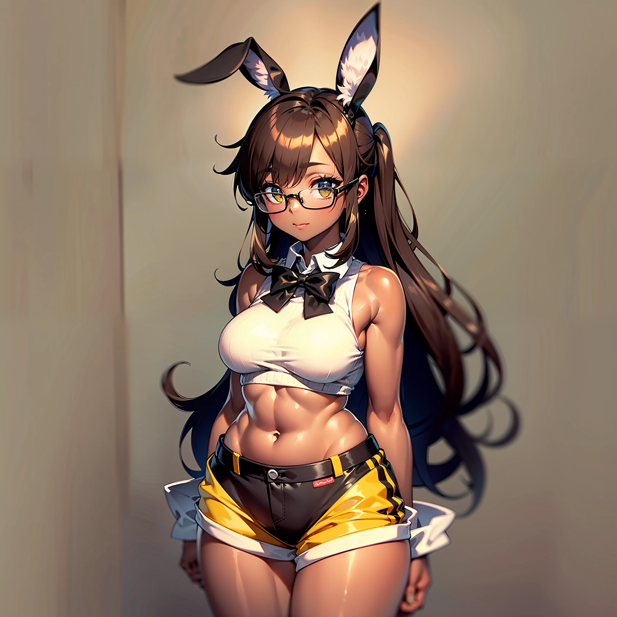 (Dark skin), adult, small, large thighs, large breasts, has brown hair with two long ponytails that extend to the hips, has a large light yellow bow tie and black belt in the hair, has a sleeveless sweater that leaves the belly free, has small shorts with fluffy hair on the bottom, very large light yellow boots,  Striped black socks that extend to the shorts, a small brown rabbit tail, wears small glasses, is short and has dark tanned skin, straightening glasses, high res, high detail, scanned