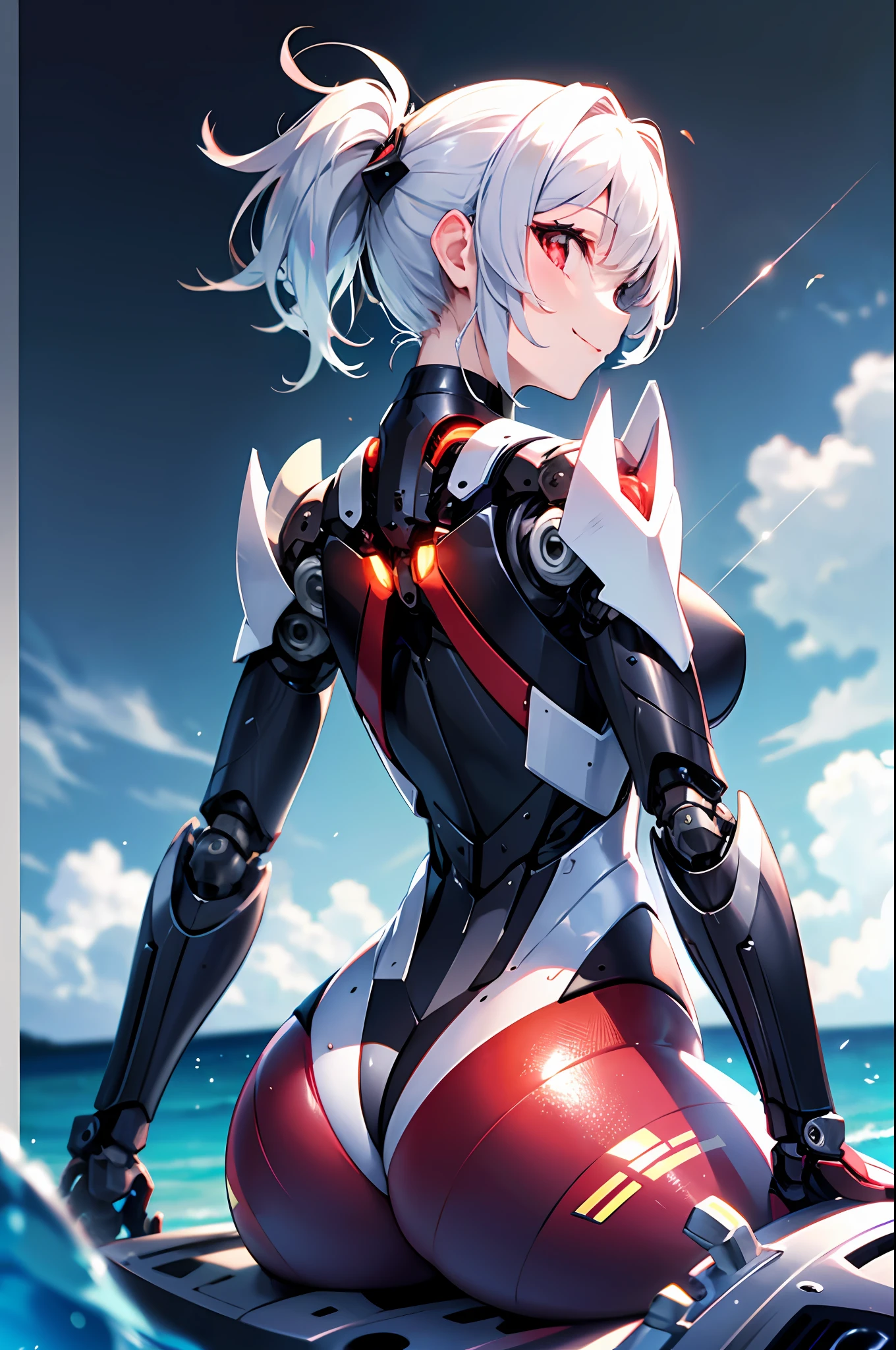 Top quality, masterpiece, fine details, very delicate 8k wallpaper, beautiful mechanical girl, (white ponytail), beautiful bare back, show the shoulder from the back, solo focus, back focus, diagonally, (look back), (glowing red eyes), (exoskeleton spine), (mechanical joints, mechanical limbs), gigantic mechanical Additional Booster and girl fused with a robot in oversized techwear, (jet ski), kawaii, highleg monokini, Smile, summer resort, crystal clear ocean,