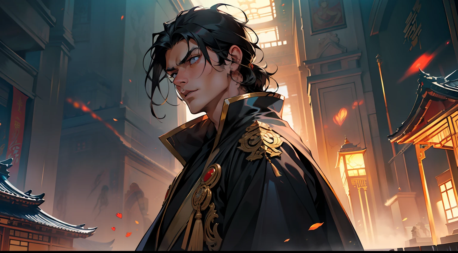 5. (The boy, with (((Black hair))), dressed in a black coat, his kingly air and outstanding demeanor intact, his face changes dramatically, feeling extreme regret in his heart) (Background: A magnificent ancient imperial palace, resplendent with gold and jade).