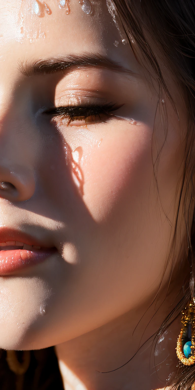 ((Close-up photo of face)), ((Black eyes)), Full face portrait photo of 25 year old European girl with braided hair, RAW, beautiful woman, semi-open strawberry lip, dimples, wistful expression, (Extra long wavy brown hair), ((Detailed face)), ((Detailed facial features)), (Fine detailed skin), Pale skin, (Cool colors(Masterpiece), Wet, Reflection, (Masterpiece), (Best Quality), (Detail), (4K), (Wallpaper), (Cinematic Lighting), (Dramatic Lighting), (Sharp Focus), (Complex), RAW Photography, Gigachado Photography, Camera Pose, Black Jeans, Back Arm, 8K UHD, DSLR, High Quality, Grain Film, Fujifilm XT3, Film Stock Photo 4 Kodak Portra 400 Camera F1.6 Lens Rich colors Ultra-realistic textures Dramatic lighting Unreal Engine Art Station Trends Cinestill 800 Tungsten, Toughboy Style, Ultra Focus Face, Short Messy Hair, Beads, Off-Shoulder Crop Top,