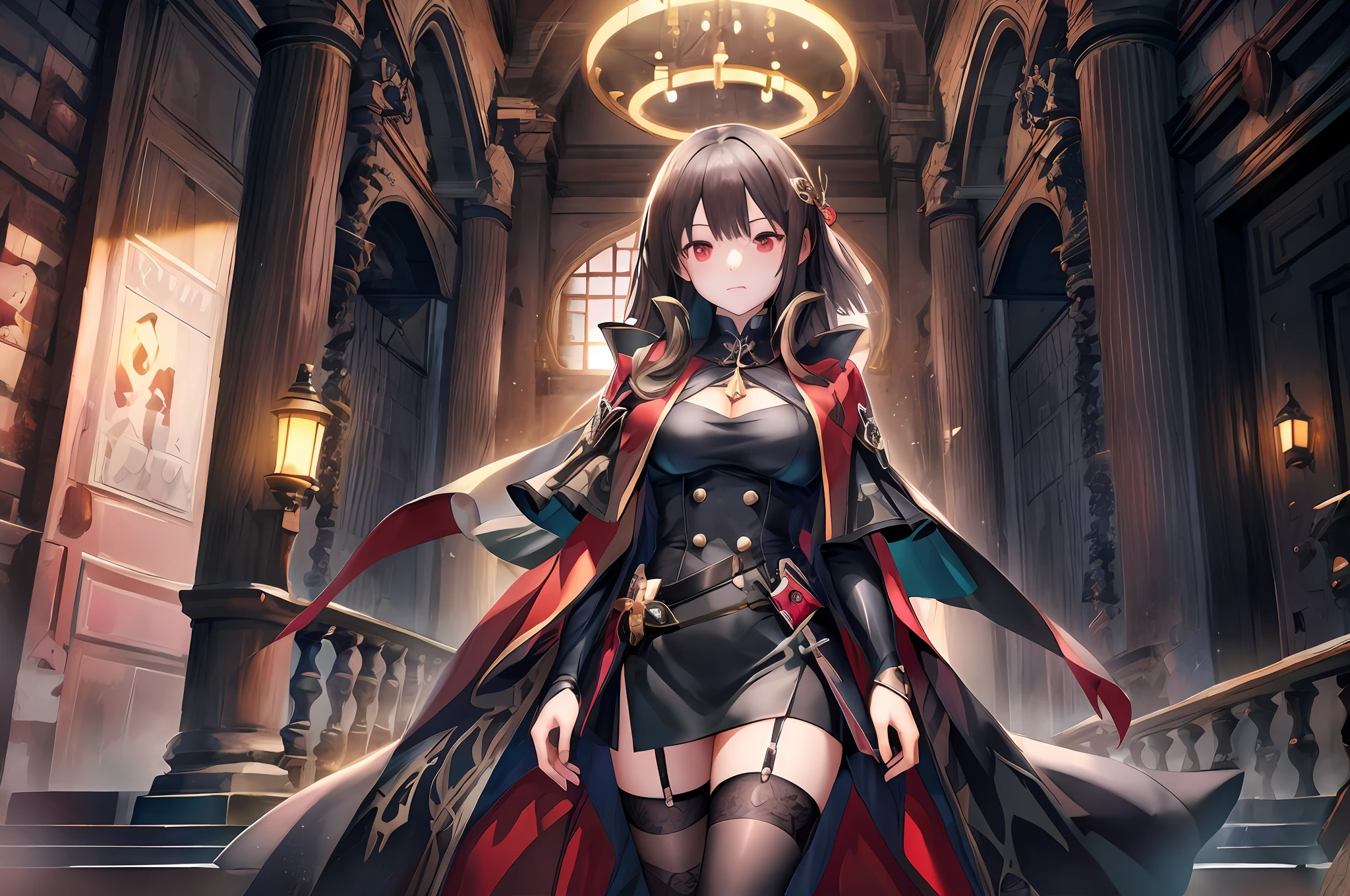 anime girl in a red cape and black dress standing in a hall, Ayaka Genshin impact, from girls frontline, Kushatt Krenz Key Art Women, From Arknights, Girls Frontline CG, trending on artstation pixiv, Fine details. Girl Front, high detailed official artwork, girls frontline universe, Epic light novel art cover, gothic maiden anime girl