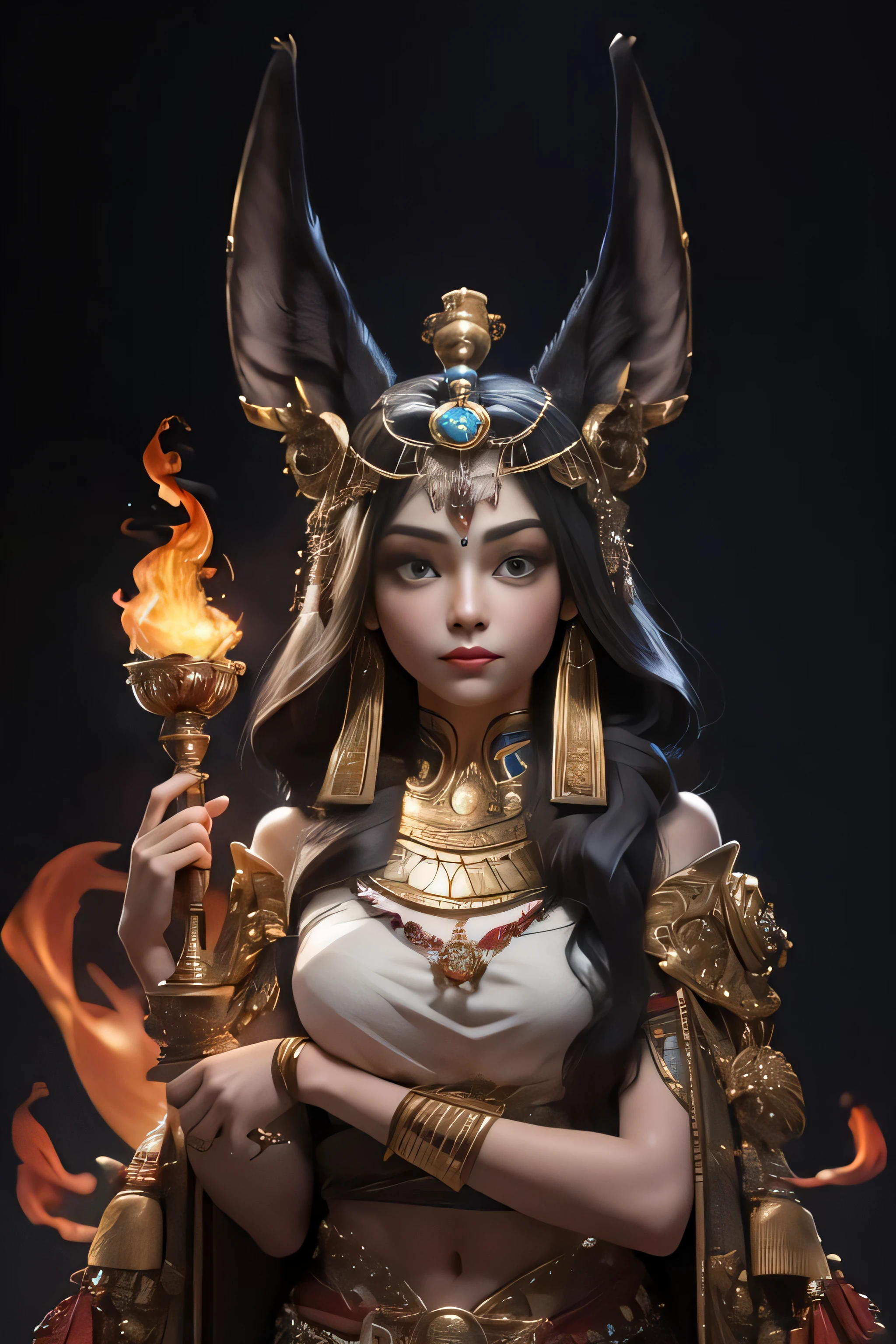 1girl, solo, portrait of godanubis with altar of fire, ornate, egypt, energy, aura, dust, debris,